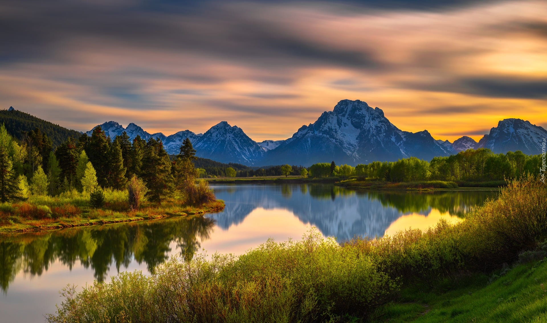 Drzewa, Góry, Teton Range, Rzeka, Snake River, Zachód słońca, Park Narodowy Grand Teton, Stan Wyoming, Stany Zjednoczone