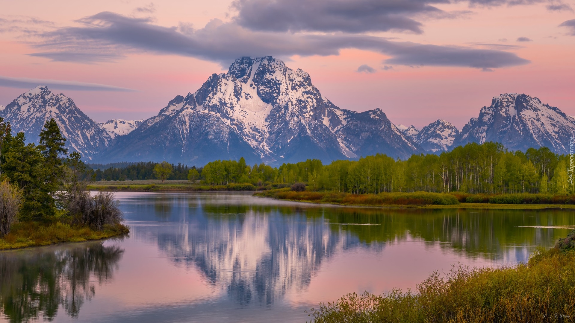 Poranek, Góry, Teton Range, Rzeka, Snake River, Drzewa, Park Narodowy Grand Teton, Stan Wyoming, Stany Zjednoczone