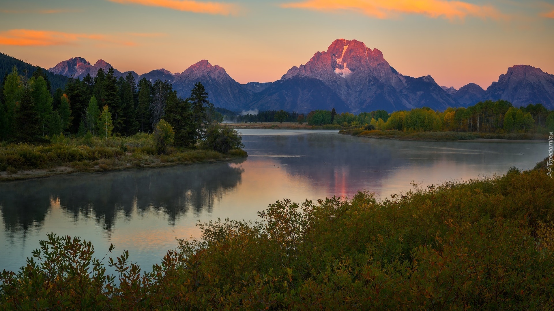 Góry, Teton Range, Rzeka, Snake River, Drzewa, Krzewy, Park Narodowy Grand Teton, Stan Wyoming, Stany Zjednoczone