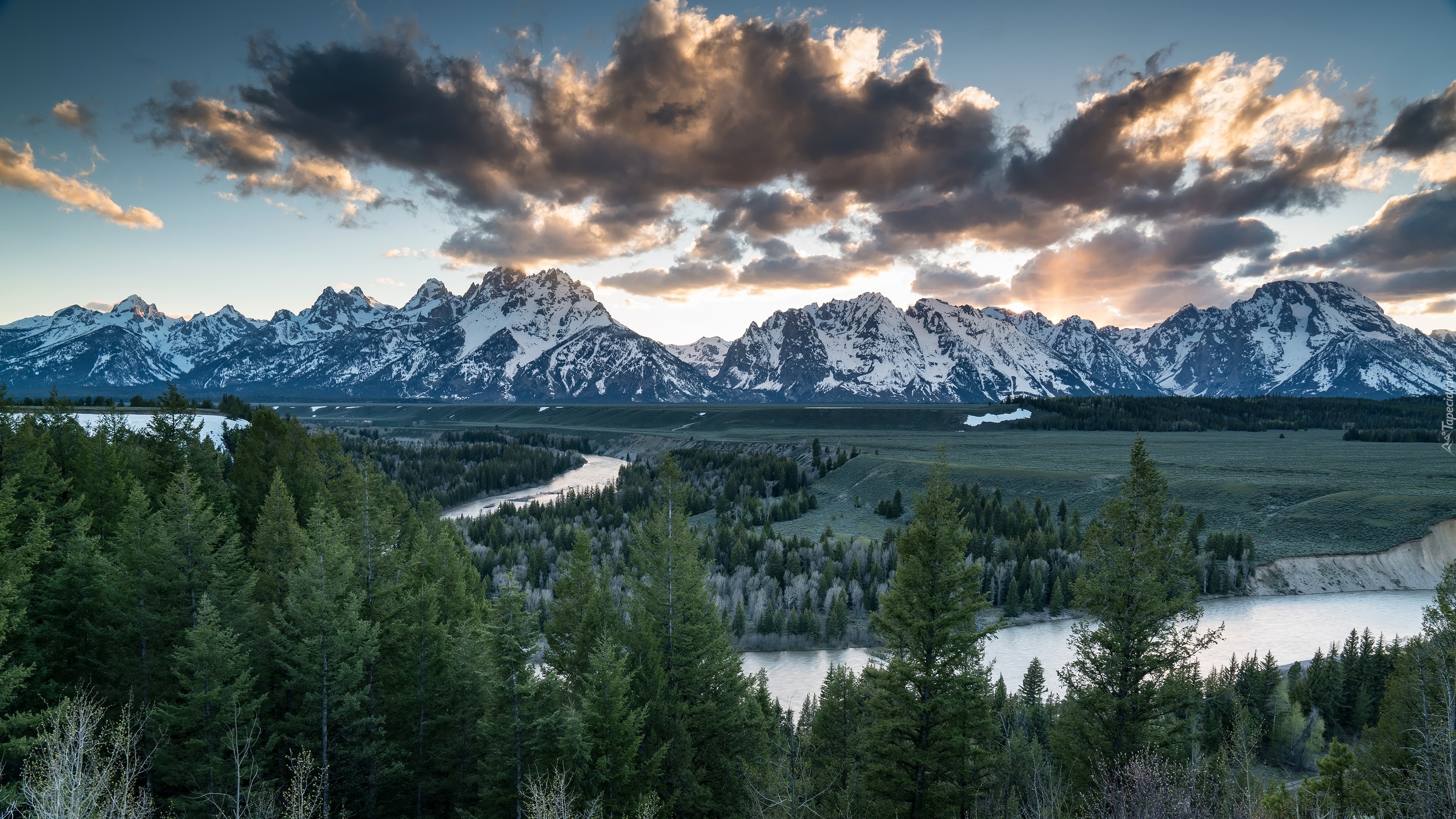 Park Narodowy Grand Teton, Chmury, Rzeka Snake River, Góry Skaliste, Las, Drzewa, Stan Wyoming, Stany Zjednoczone