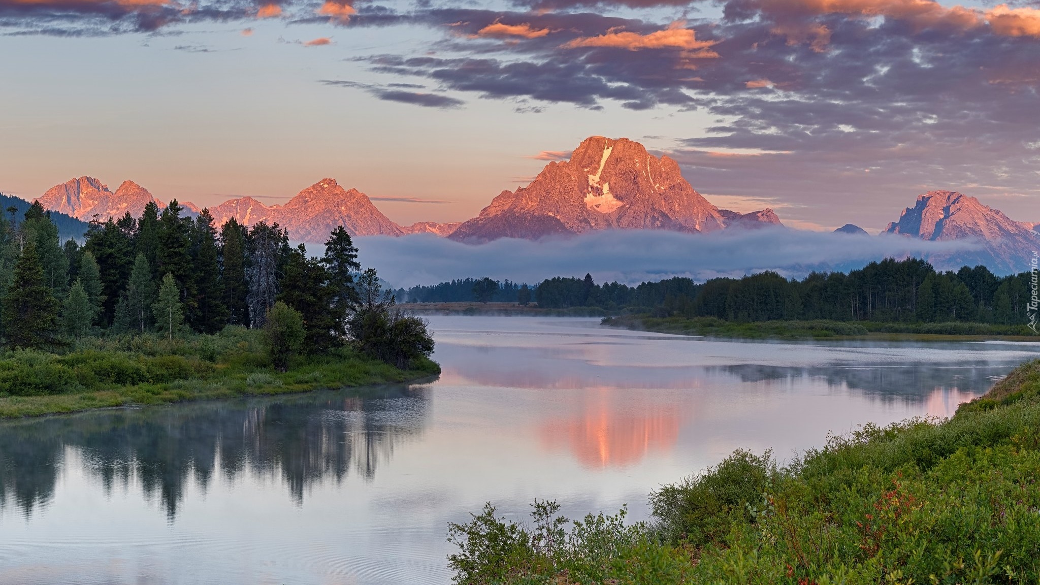 Park Narodowy Grand Teton, Góra Mount Moran, Rzeka Snake River, Jesień, Drzewa, Góry, Stan Wyoming, Stany Zjednoczone