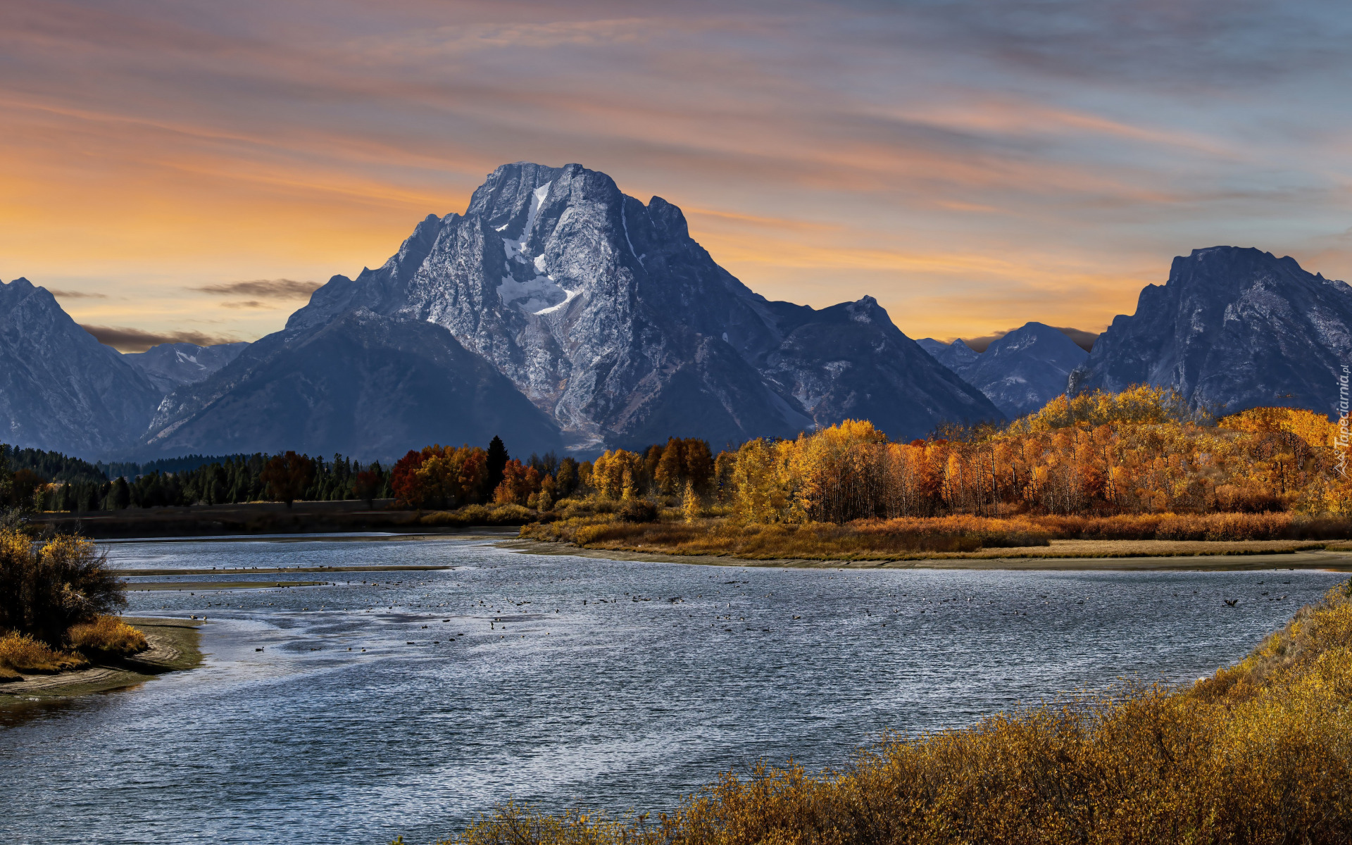 Stany Zjednoczone, Stan Wyoming, Jesień, Park Narodowy Grand Teton, Rzeka Snake River, Góry, Szczyt Mount Moran, Drzewa