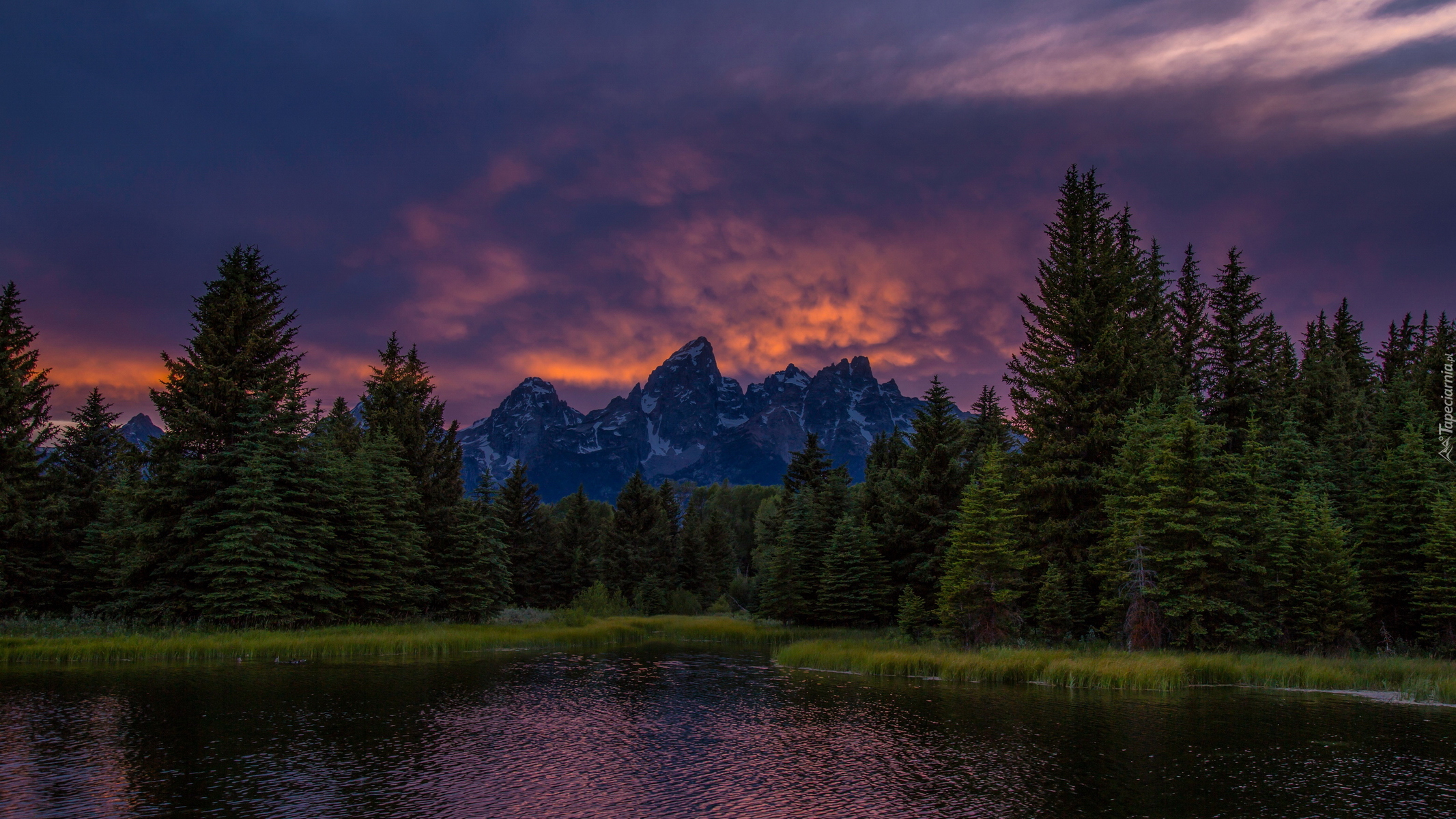 Park Narodowy Grand Teton, Rzeka Snake River, Góry Teton Range, Drzewa, Zachód słońca, Stan Wyoming, Stany Zjednoczone