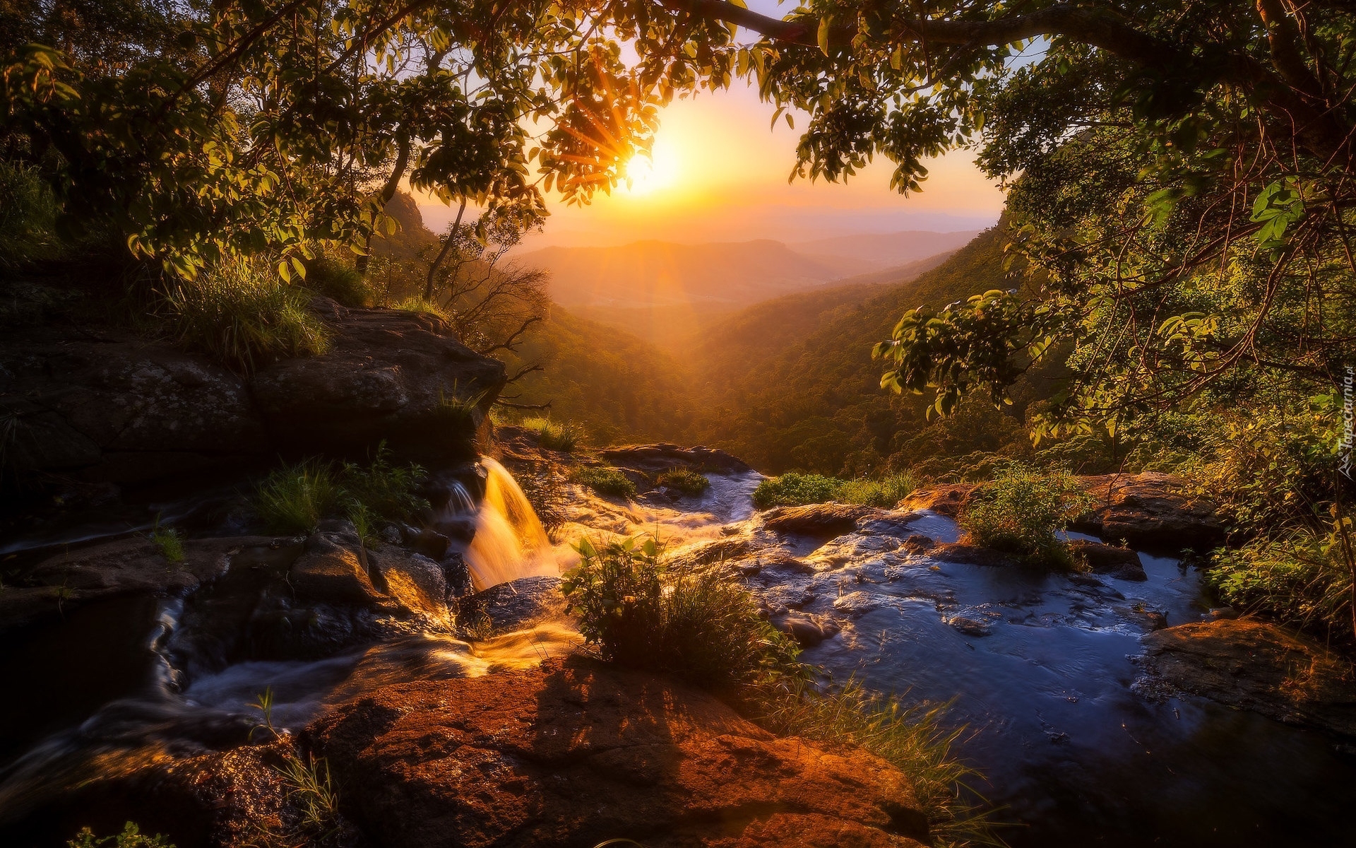 Australia, Queensland, Park Narodowy Lamington, Rzeka, Toolona Creek, Zachód słońca, Góry, McPherson Range, Wzgórza, Drzewa, Roślinność