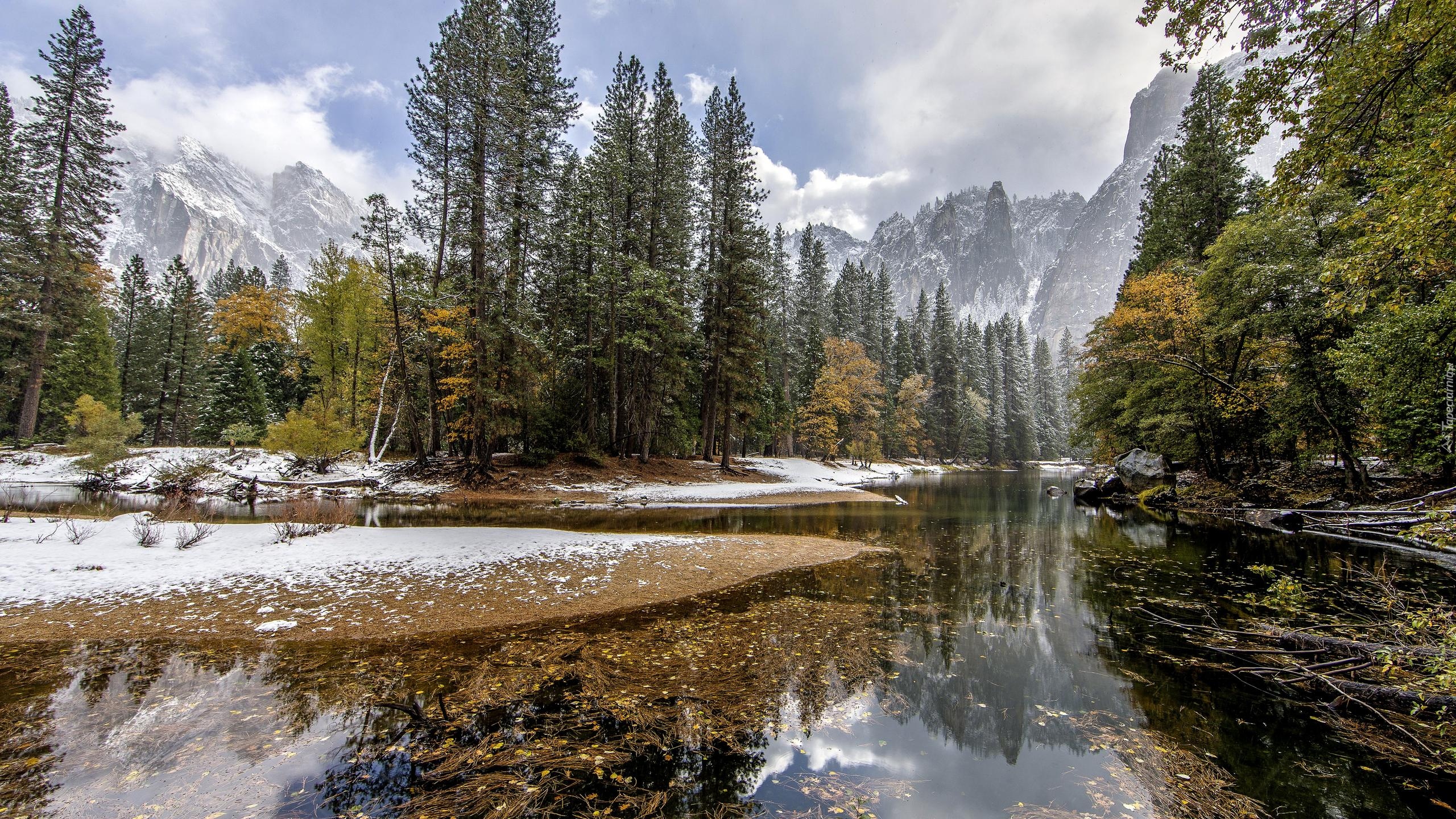 Zima, Rzeka, Tuolumne River, Drzewa, Góry, Park Narodowy Yosemite, Kalifornia, Stany Zjednoczone