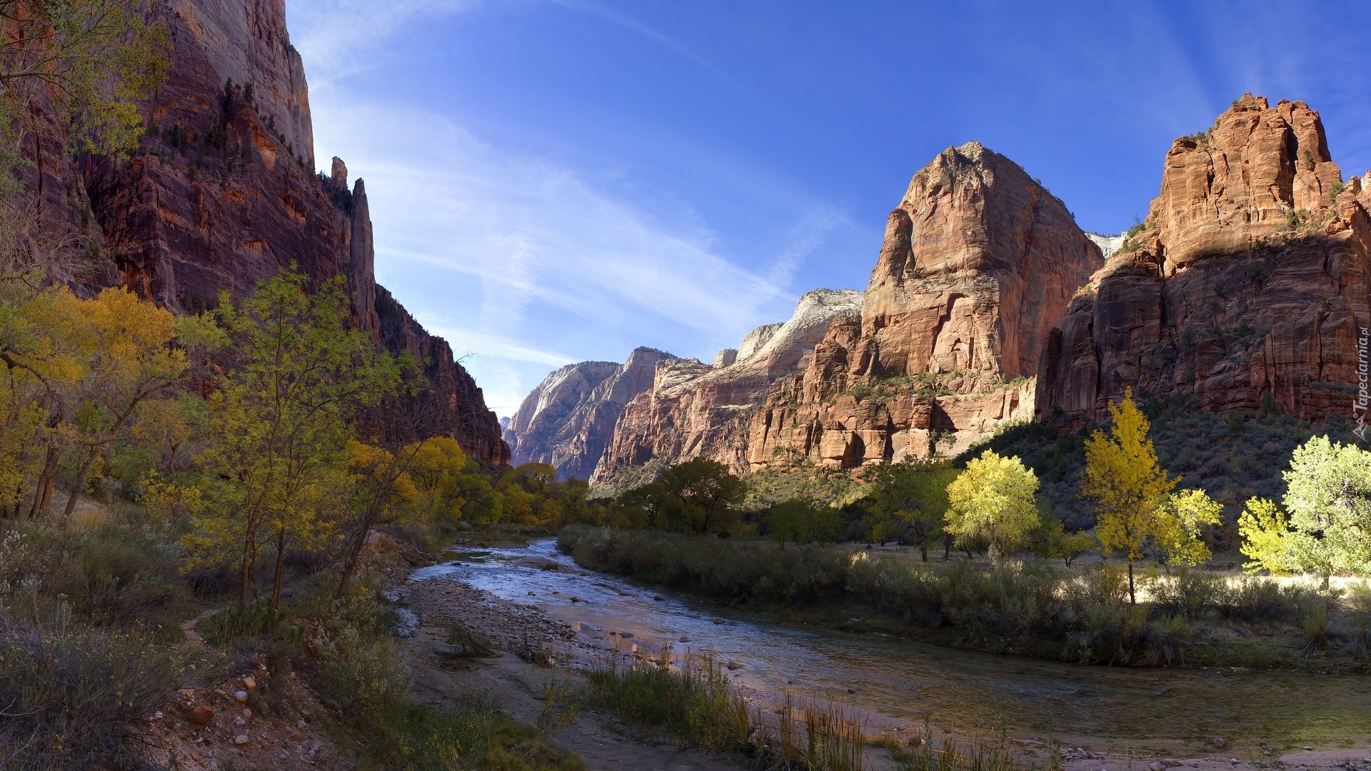 Góry, Góra Great White Throne, Skały, Rzeka, Virgin River, Park Narodowy Zion, Utah, Stany Zjednoczone