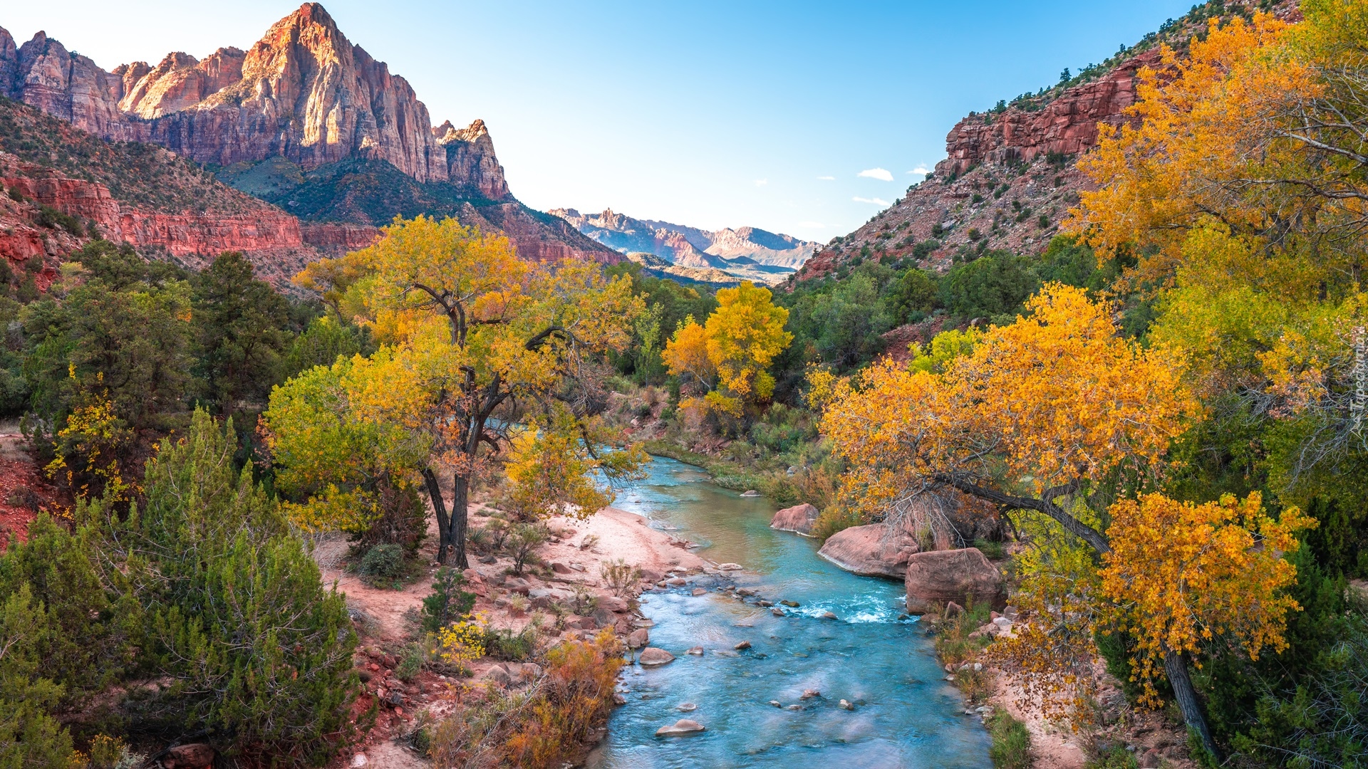 Stany Zjednoczone, Stan Utah, Park Narodowy Zion, Góry Watchman, Rzeka, Virgin River, Kamienie, Drzewa