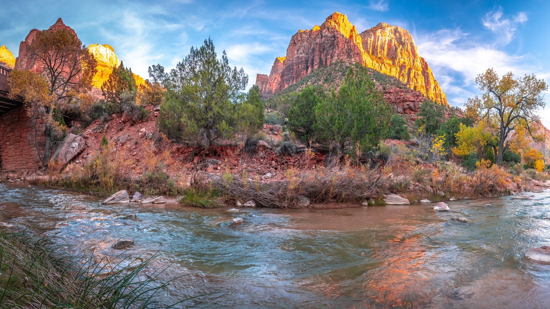 Park Narodowy Zion, Góry Watchman, Drzewa, Skały, Rzeka Virgin River, Kamienie, Stan Utah, Stany Zjednoczone