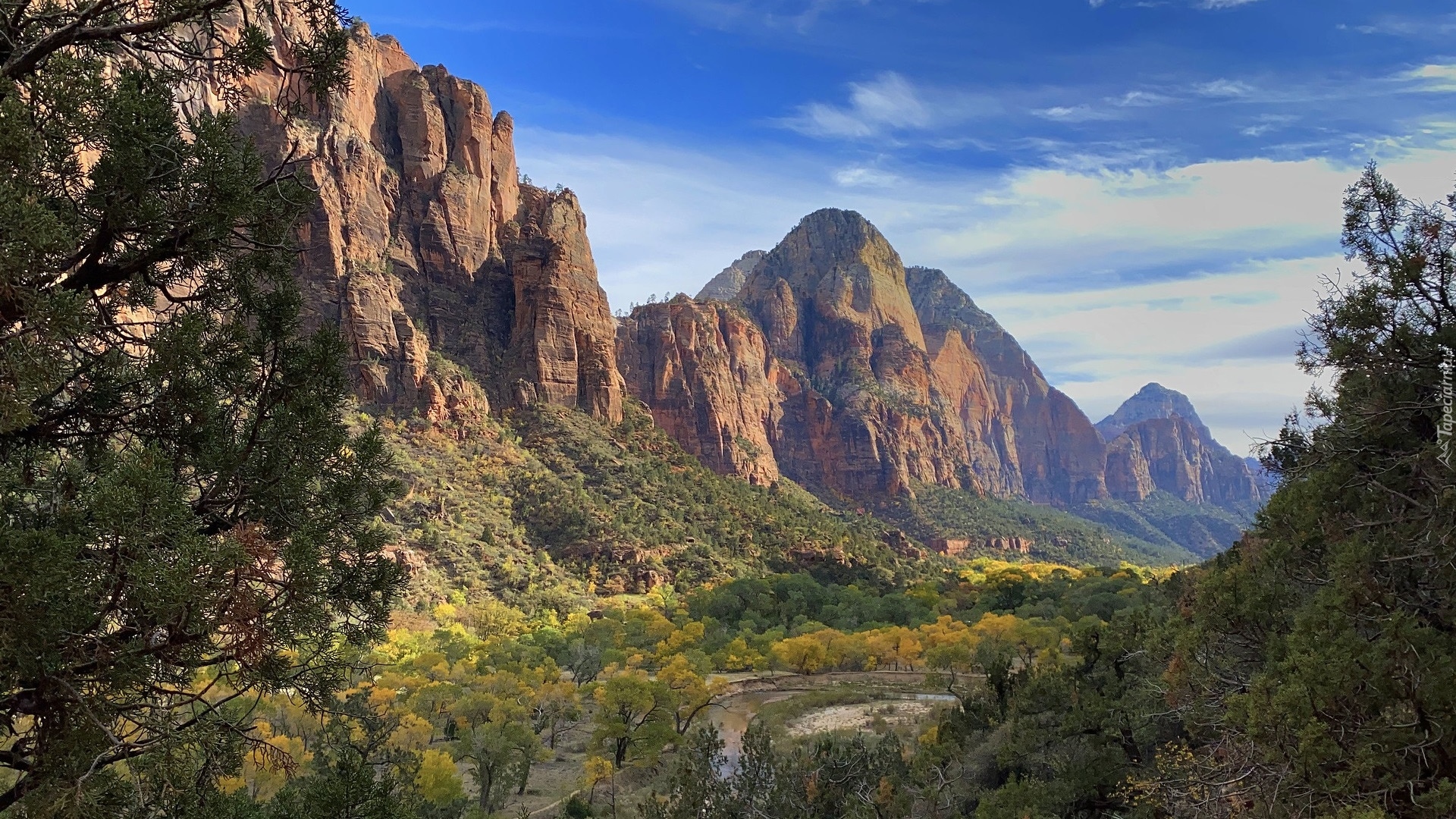 Góry, Skały, Rzeka, Virgin River, Drzewa, Park Narodowy Zion, Utah, Stany Zjednoczone