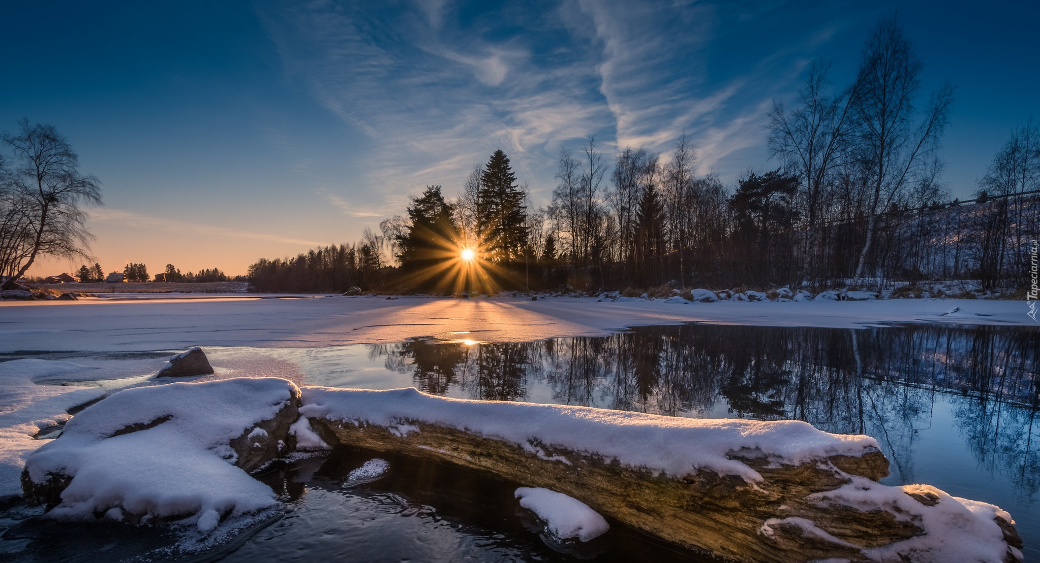 Finlandia, Gmina Lempäälä, Zima, Śnieg, Rzeka, Drzewa, Promienie słońca, Zachód słońca
