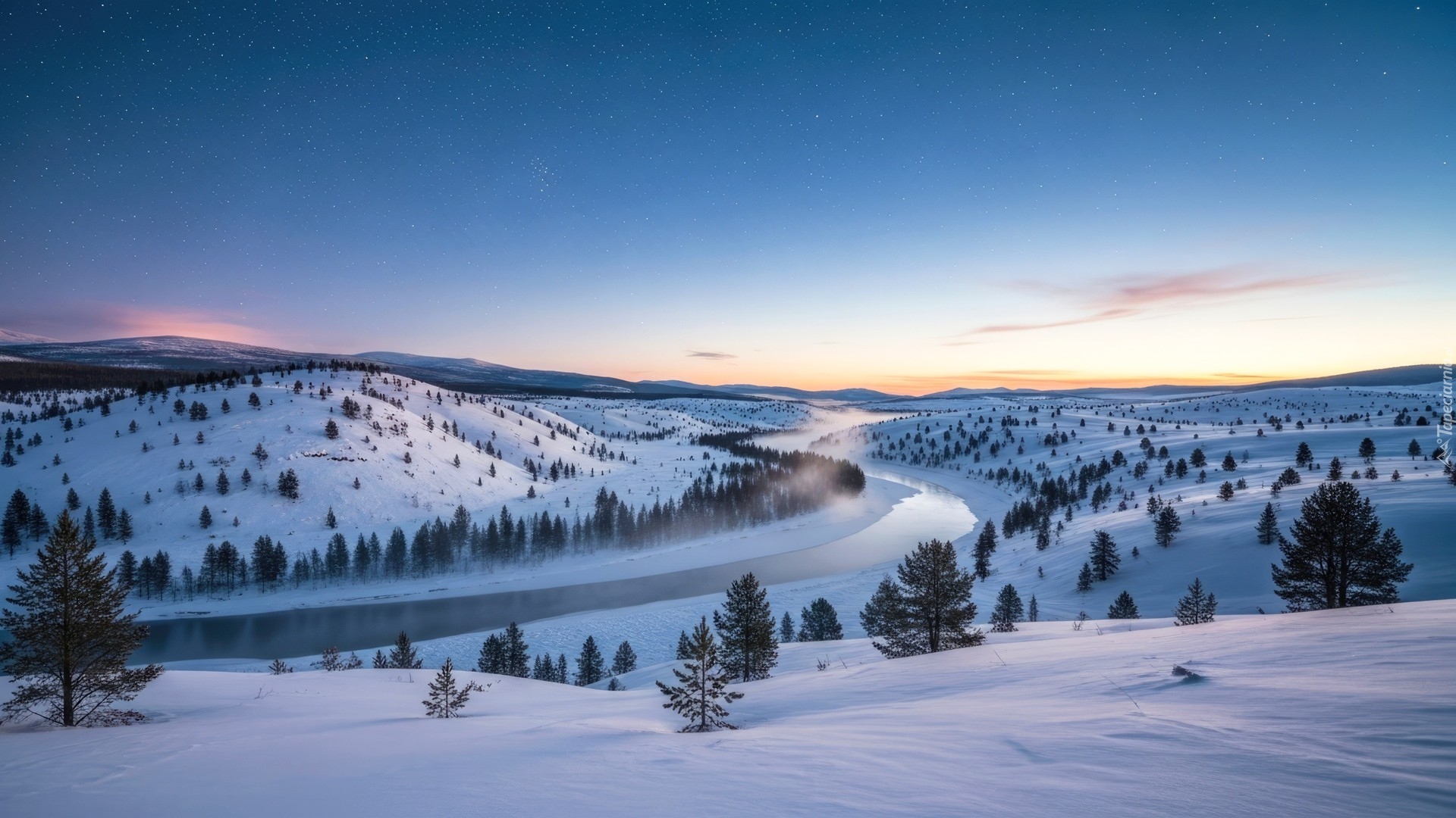 Zima, Rzeka, Wzgórza, Drzewa