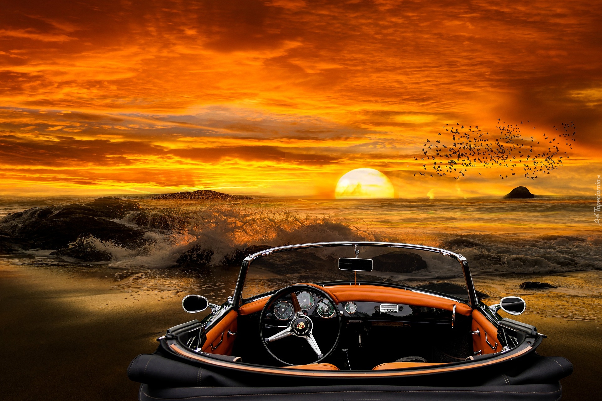 Morze, Zachód słońca, Fale, Samochód, Grafika 2D