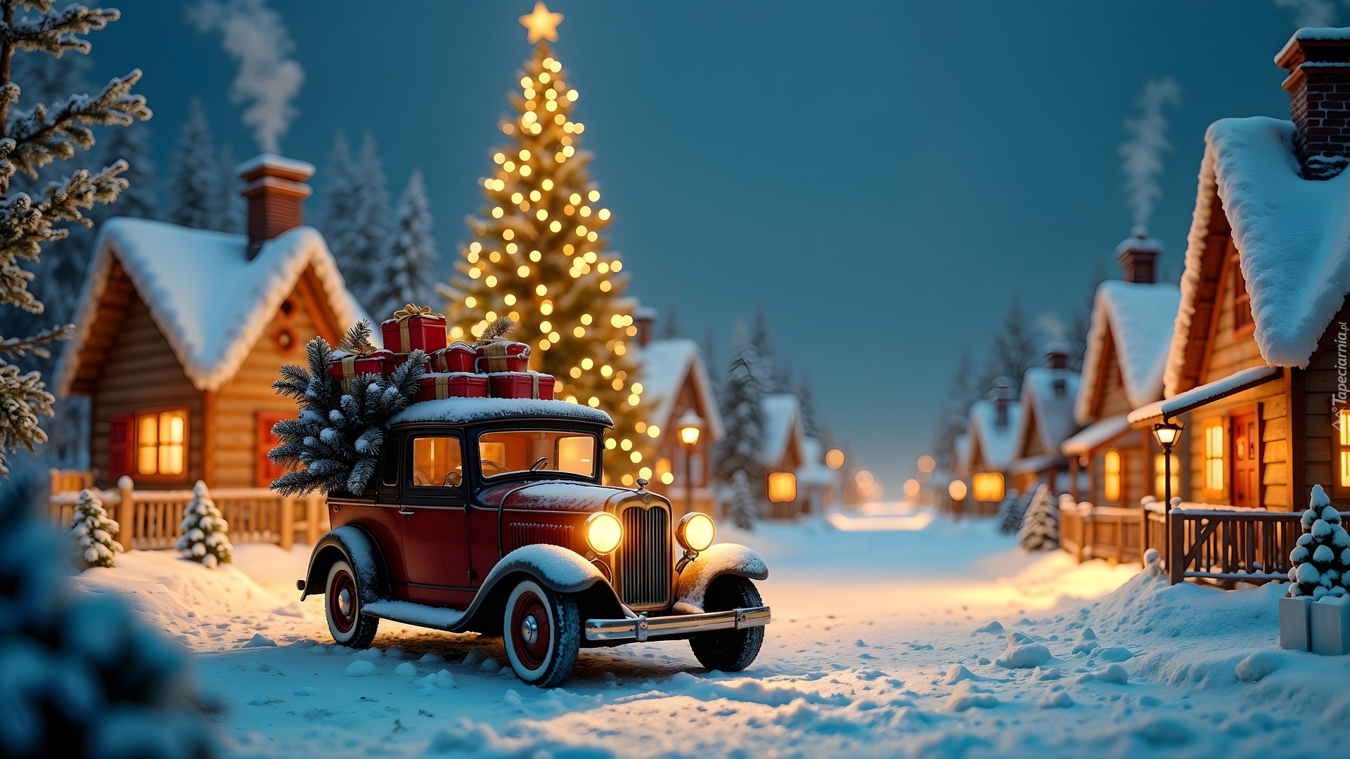 Boże Narodzenie, Domy, Choinka, Samochód, Zima, AI