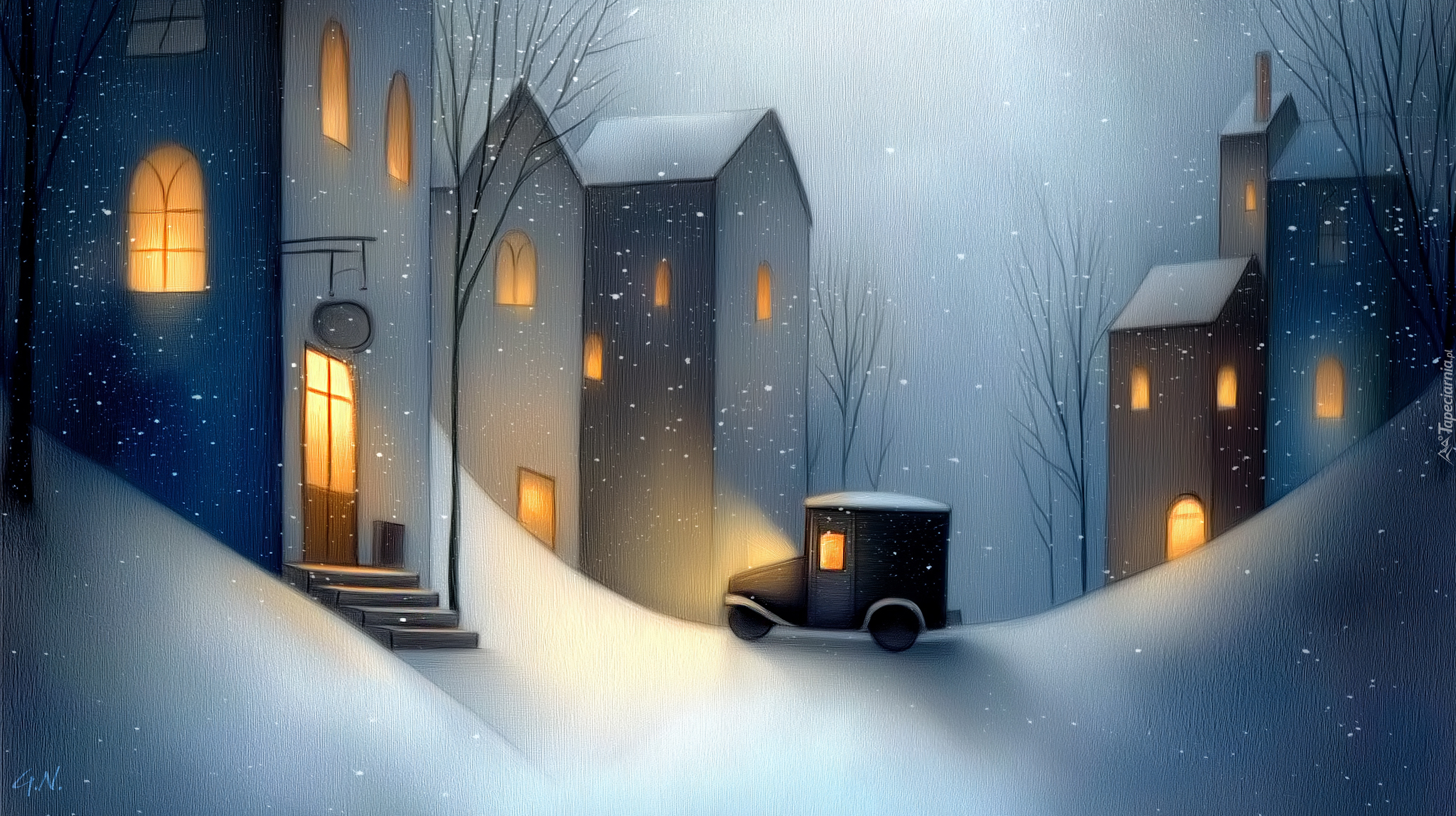 Domy, Drzewa, Samochód, Zima, Grafika AI