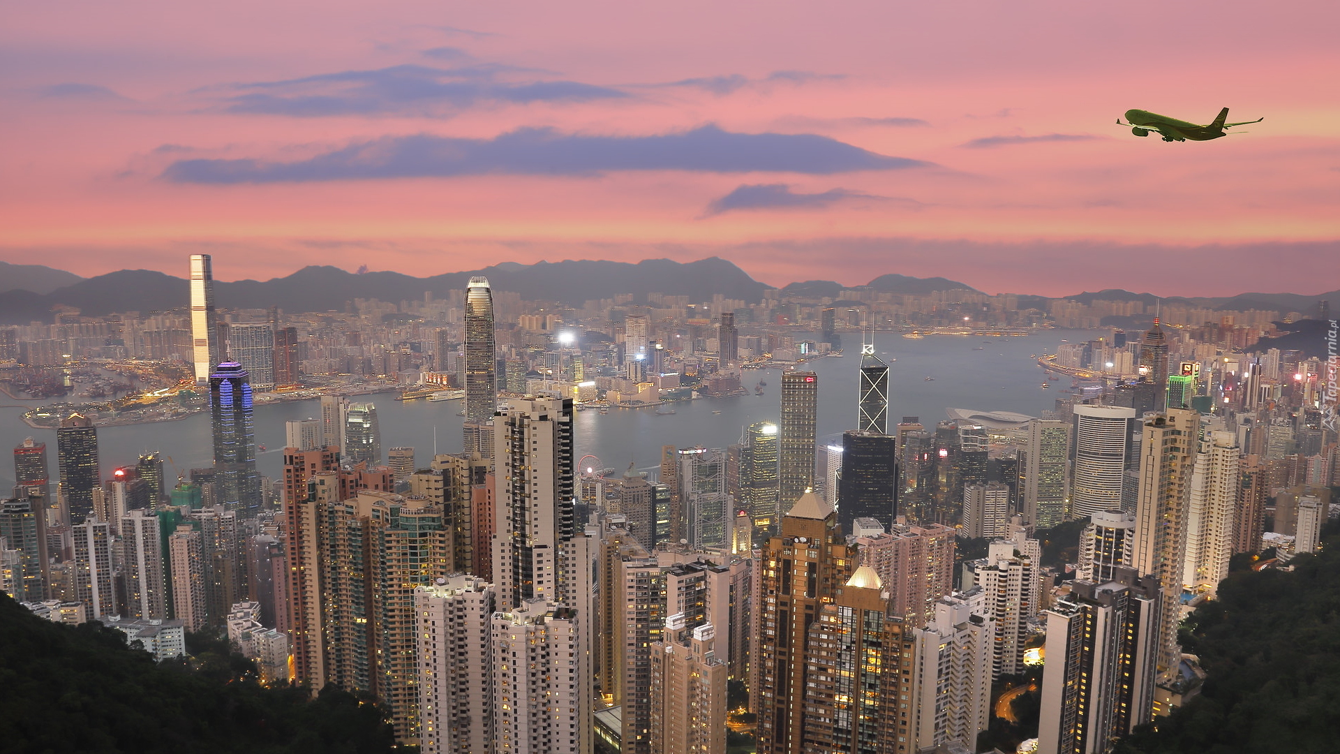 Wieżowce, Samolot, Delta Rzeki Perłowej, Zachód słońca, Hongkong, Chiny