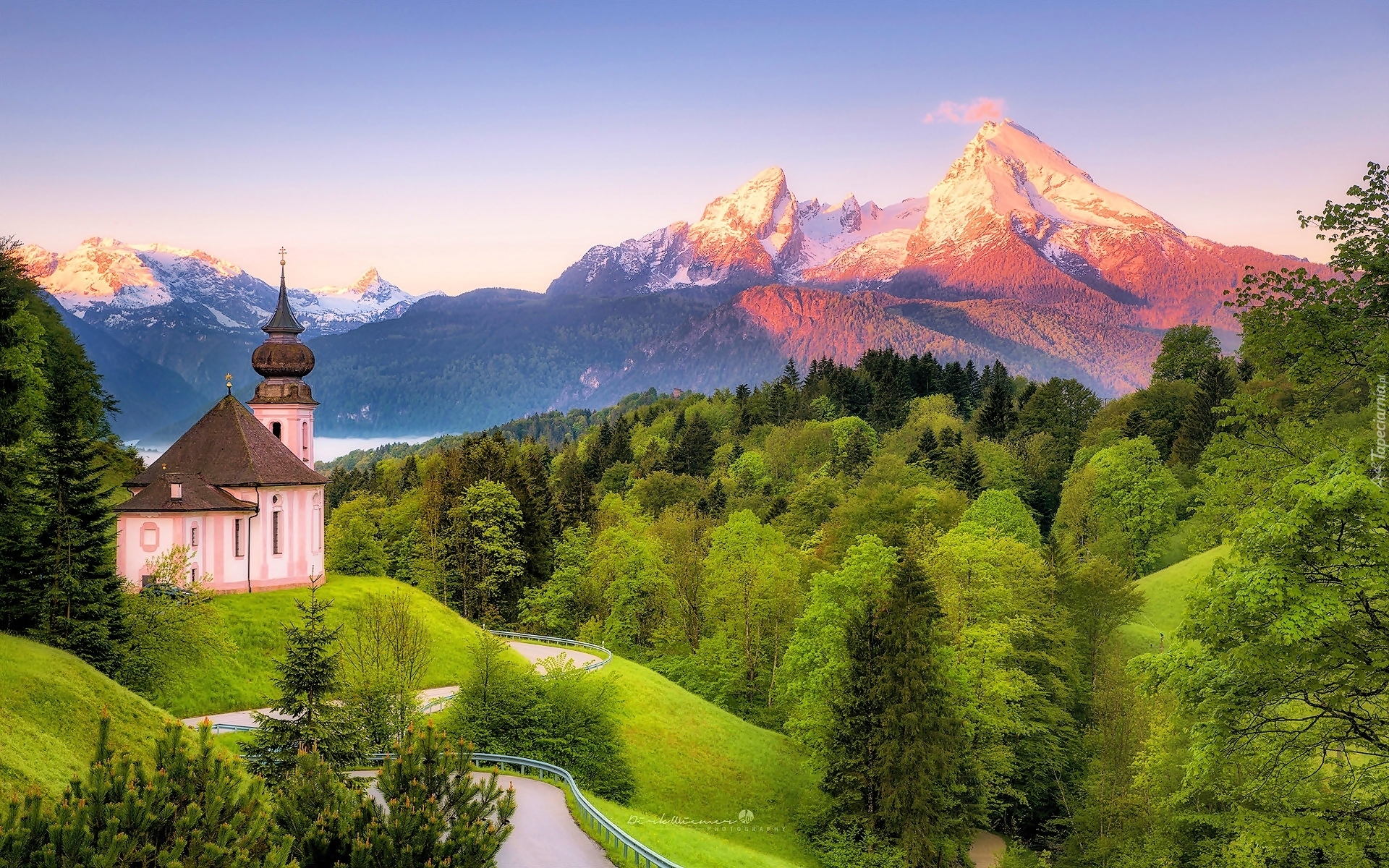 Kościół, Sanktuarium Maria Gern, Góry, Alpy Salzburskie, Lasy, Droga, Drzewa, Berchtesgaden, Bawaria, Niemcy