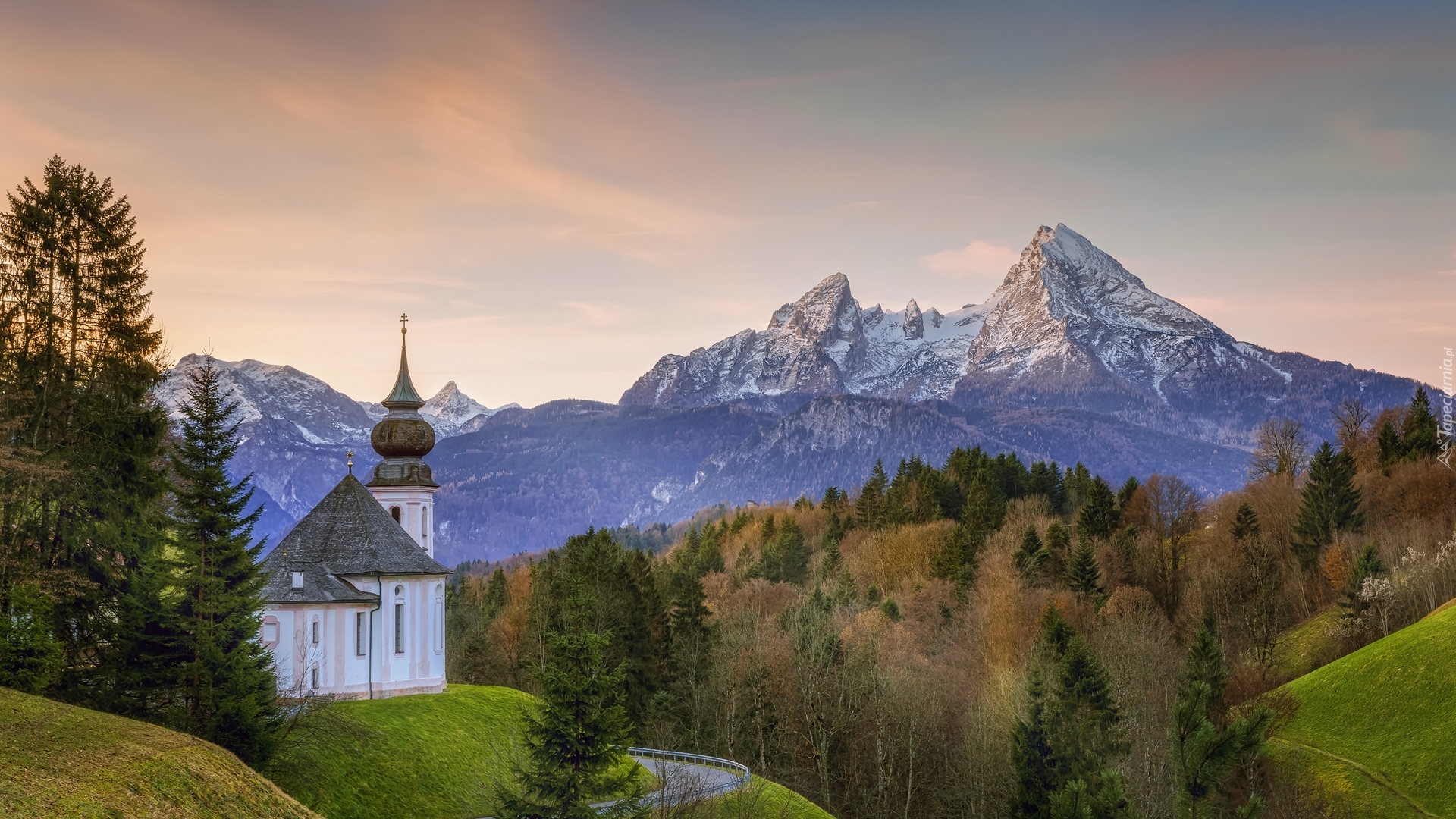 Niemcy, Bawaria, Berchtesgaden, Kościół, Sanktuarium Maria Gern, Góry, Alpy Salzburskie, Drzewa