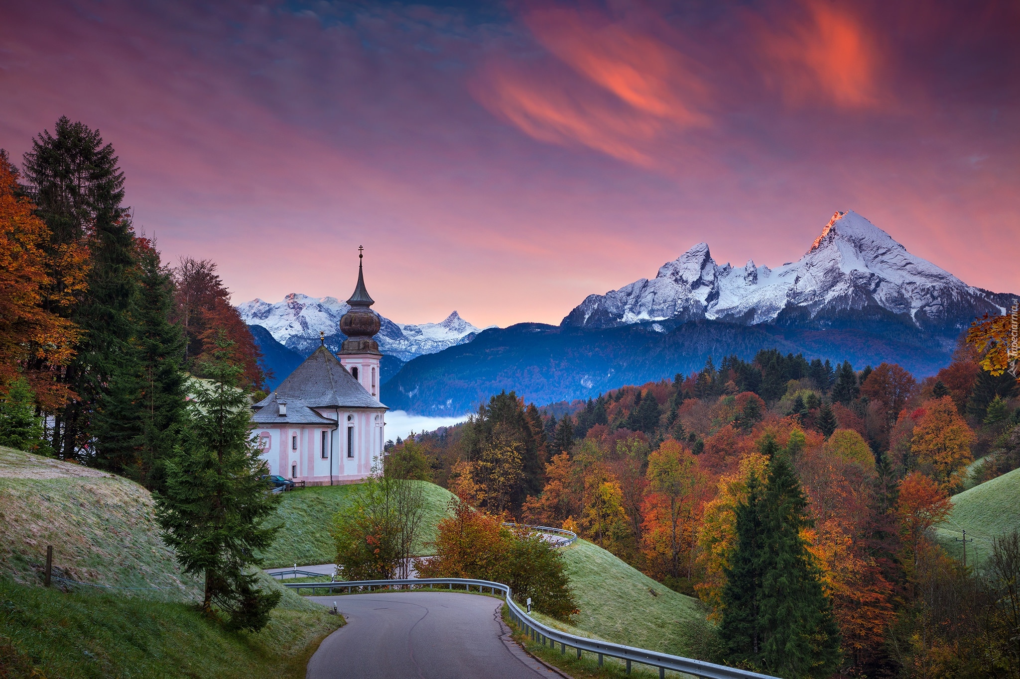 Niemcy, Bawaria, Berchtesgaden, Kościół, Sanktuarium Maria Gern, Góry, Alpy Salzburskie, Droga, Drzewa