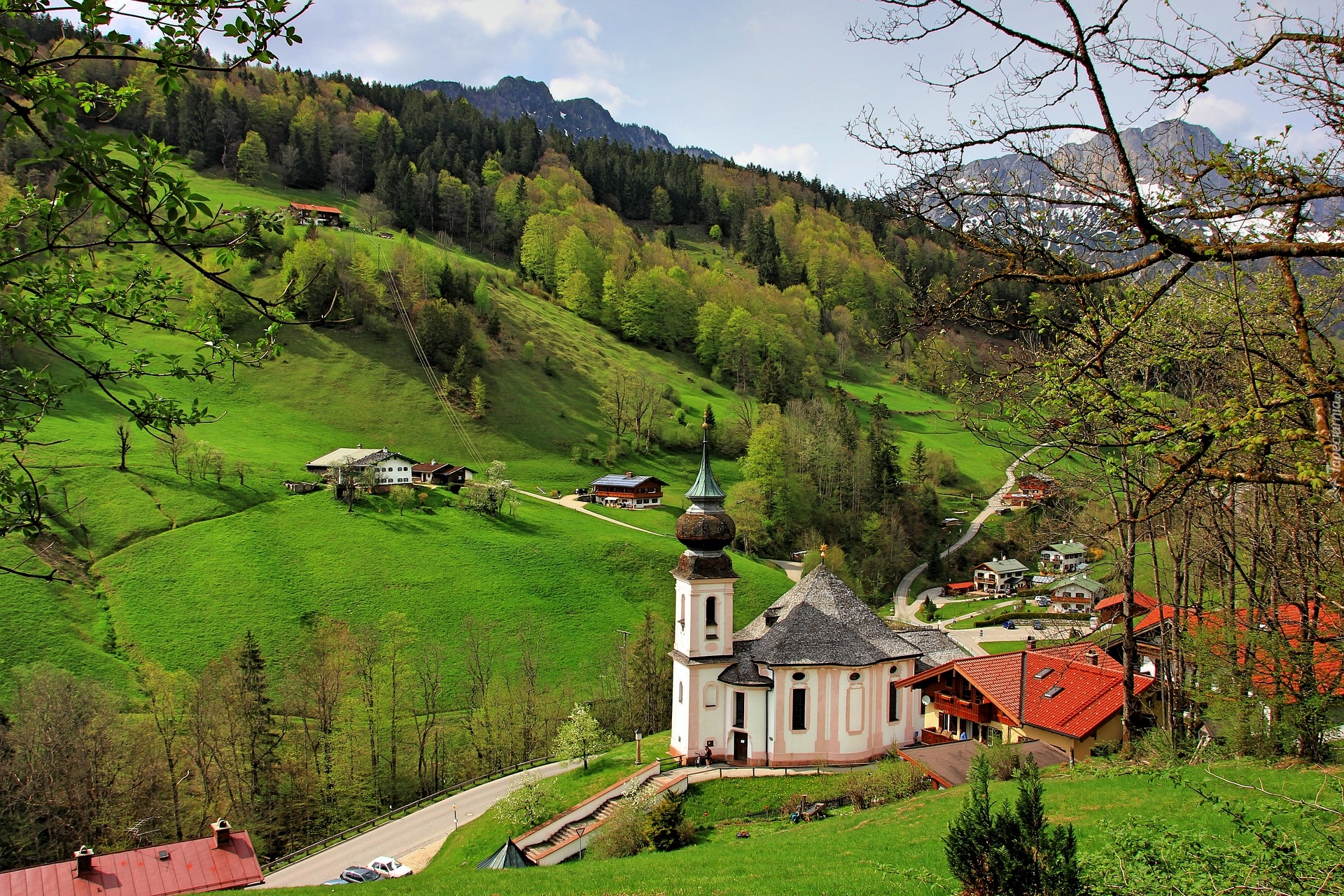 Kościół, Sanktuarium Maria Gern, Góry, Alpy Salzburskie, Lasy, Drzewa, Berchtesgaden, Bawaria, Niemcy