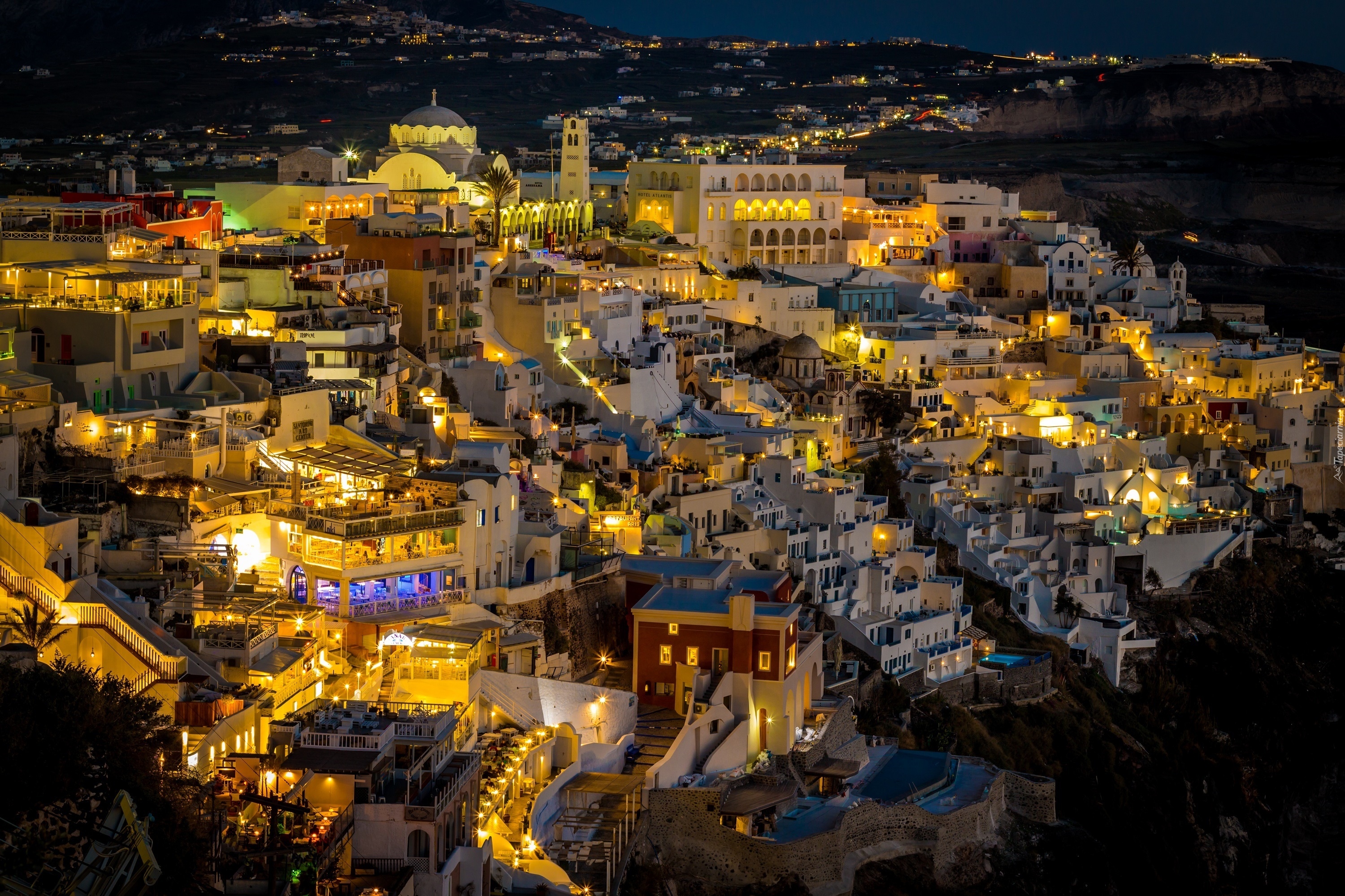 Grecja, Santorini, Noc, Domy, Miasto nocą