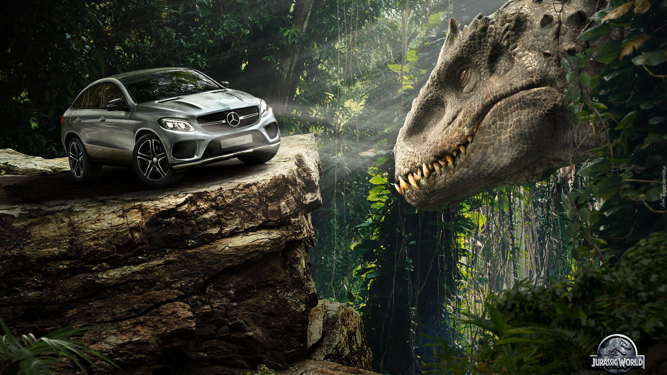 Film, Jurassic World, Dinozaur, Skała, Samochód, Mercedes-Benz GLE Coupe, Dżungla