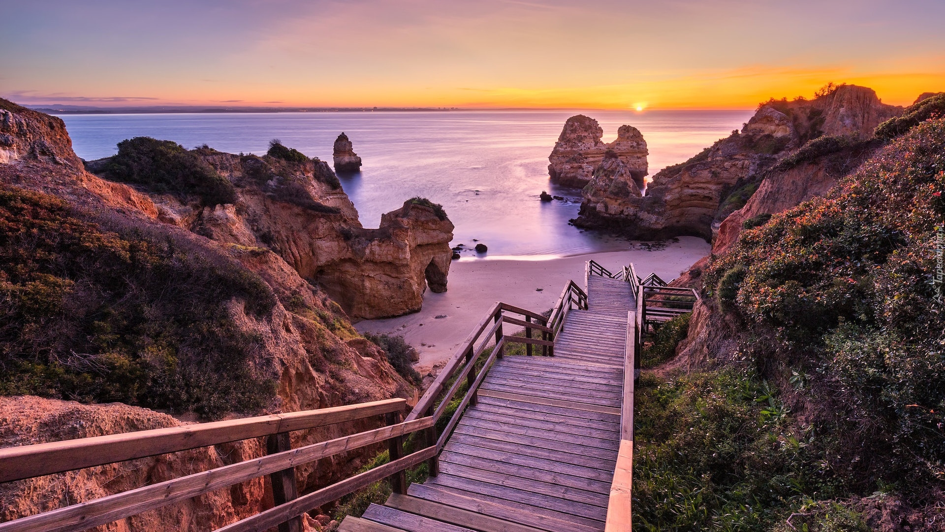 Morze, Skały, Schody, Wschód słońca, Wybrzeże, Algarve, Plaża, Camilo Beach, Lagos, Portugalia