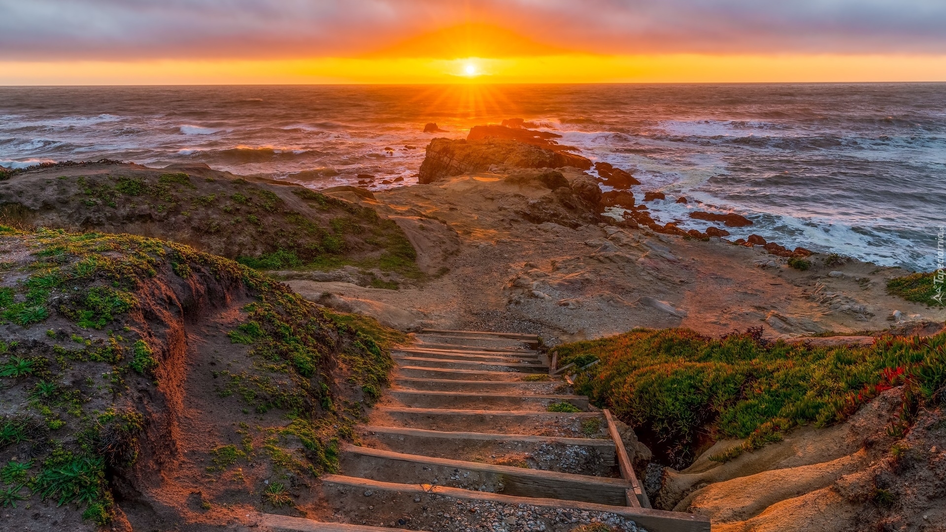 Zachód słońca, Morze, Schody, Plaża, Pescadero State Beach, Rośliny, Kalifornia, Stany Zjednoczone