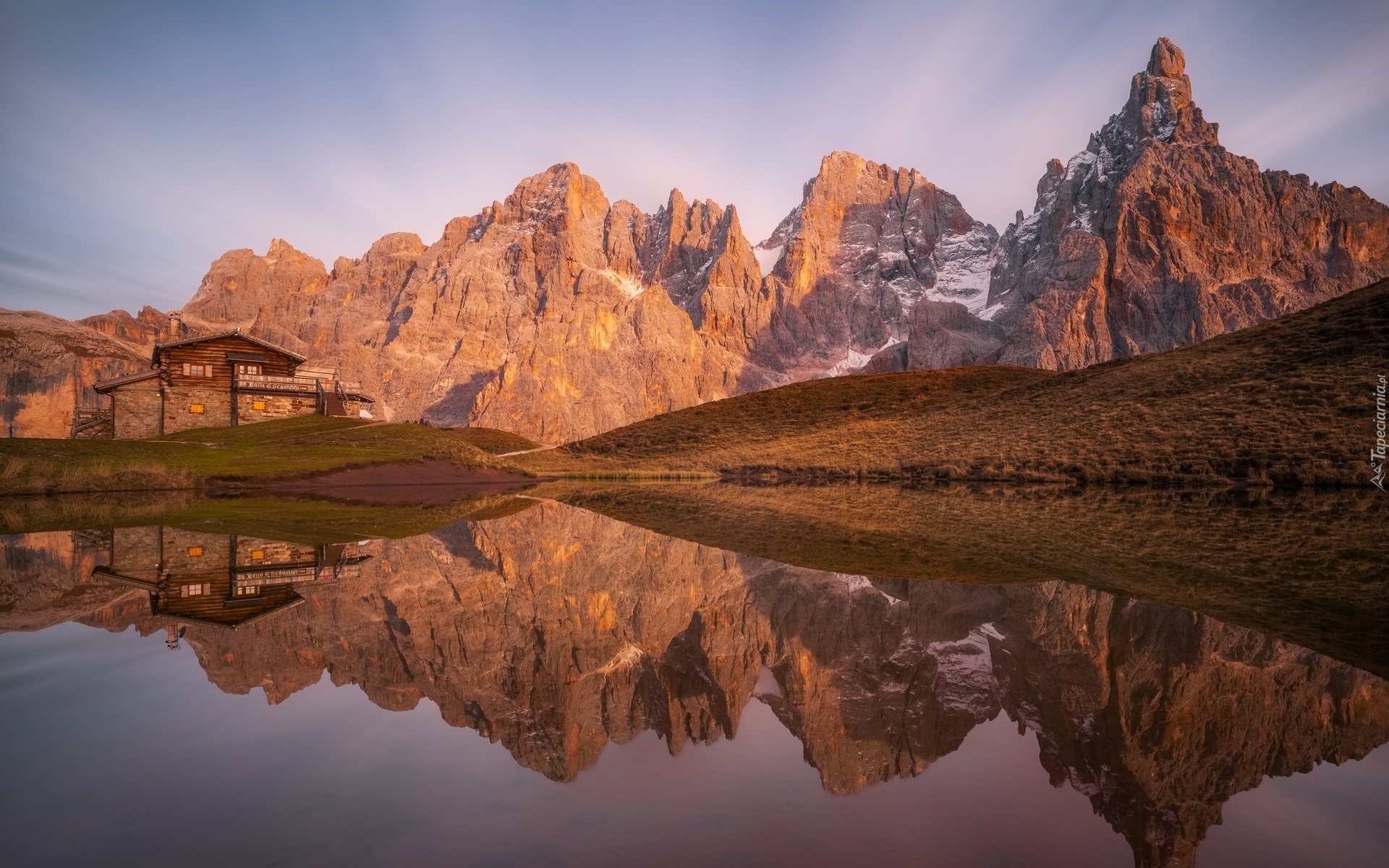 Włochy, Szczyt, Cimon della Pala, Góry, Dolomity, Jezioro, Dom, Schronisko Baita Segantini, Odbicie