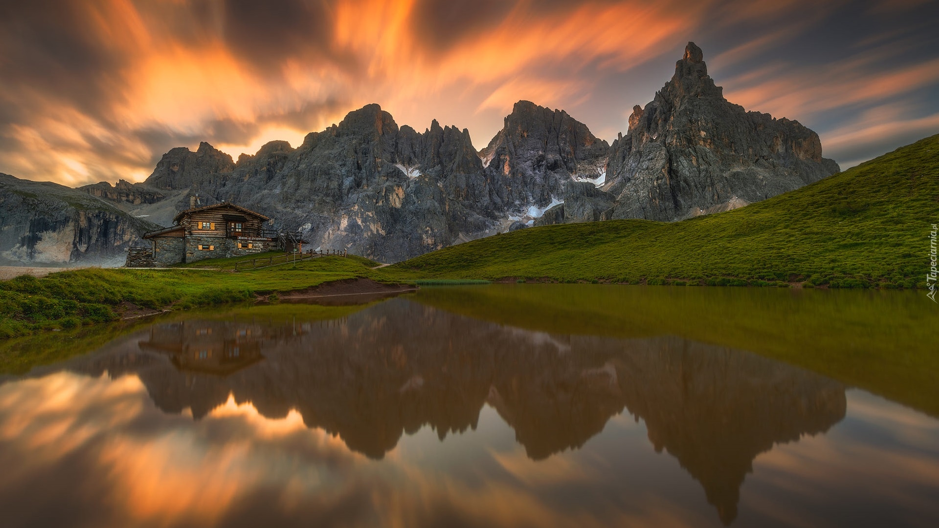 Włochy, Góry, Dolomity, Szczyt, Cimon della Pala, Jezioro, Dom, Schronisko Baita Segantini, Odbicie