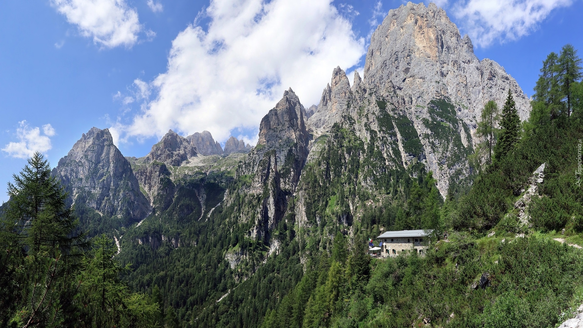 Góry, Dolomity, Masyw Pale di San Martino, Drzewa, Dom, Schronisko 
Rifugio Treviso, Włochy