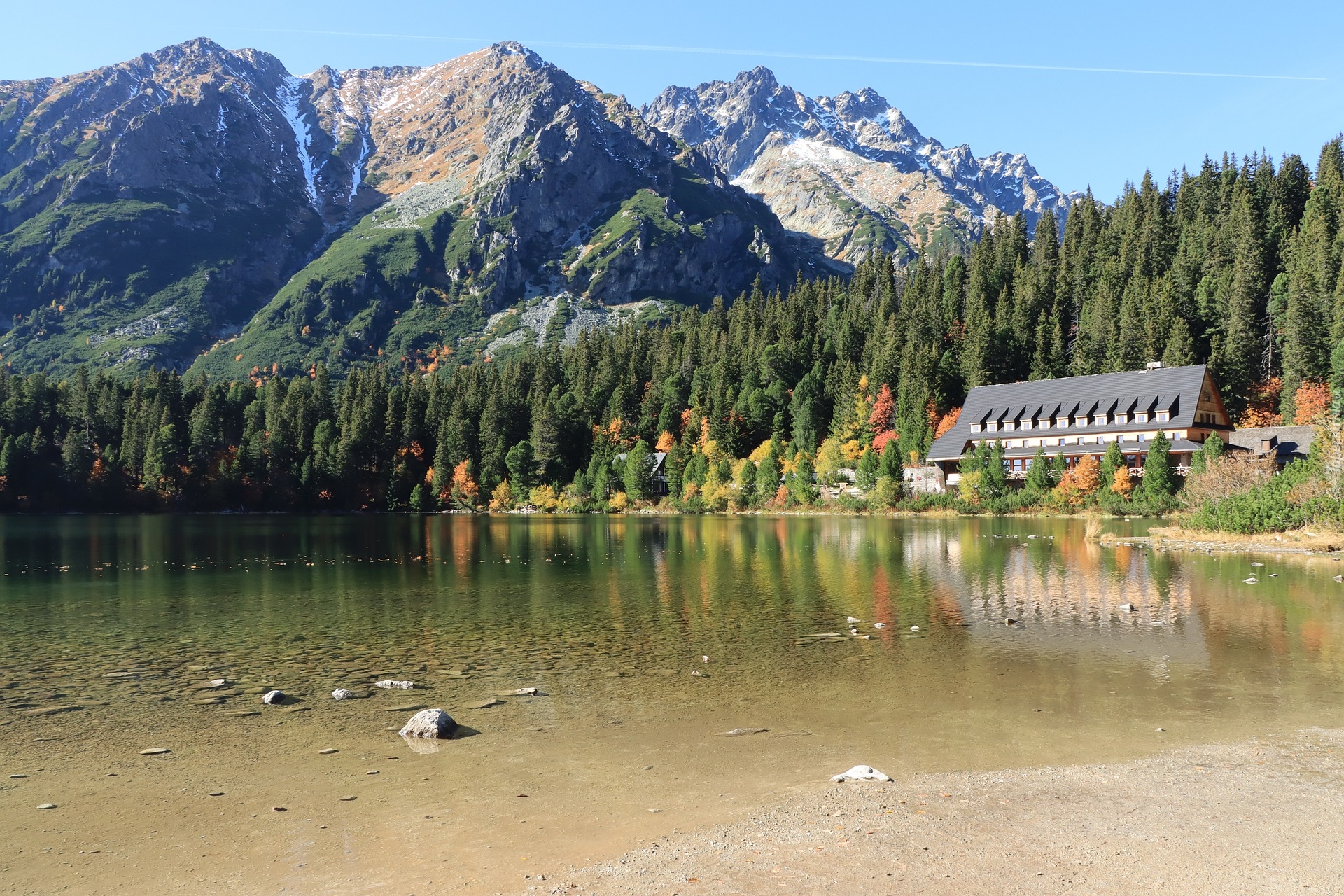 Jezioro, Popradzki Staw, Schronisko, Góry, Tatry Wysokie, Słowacja