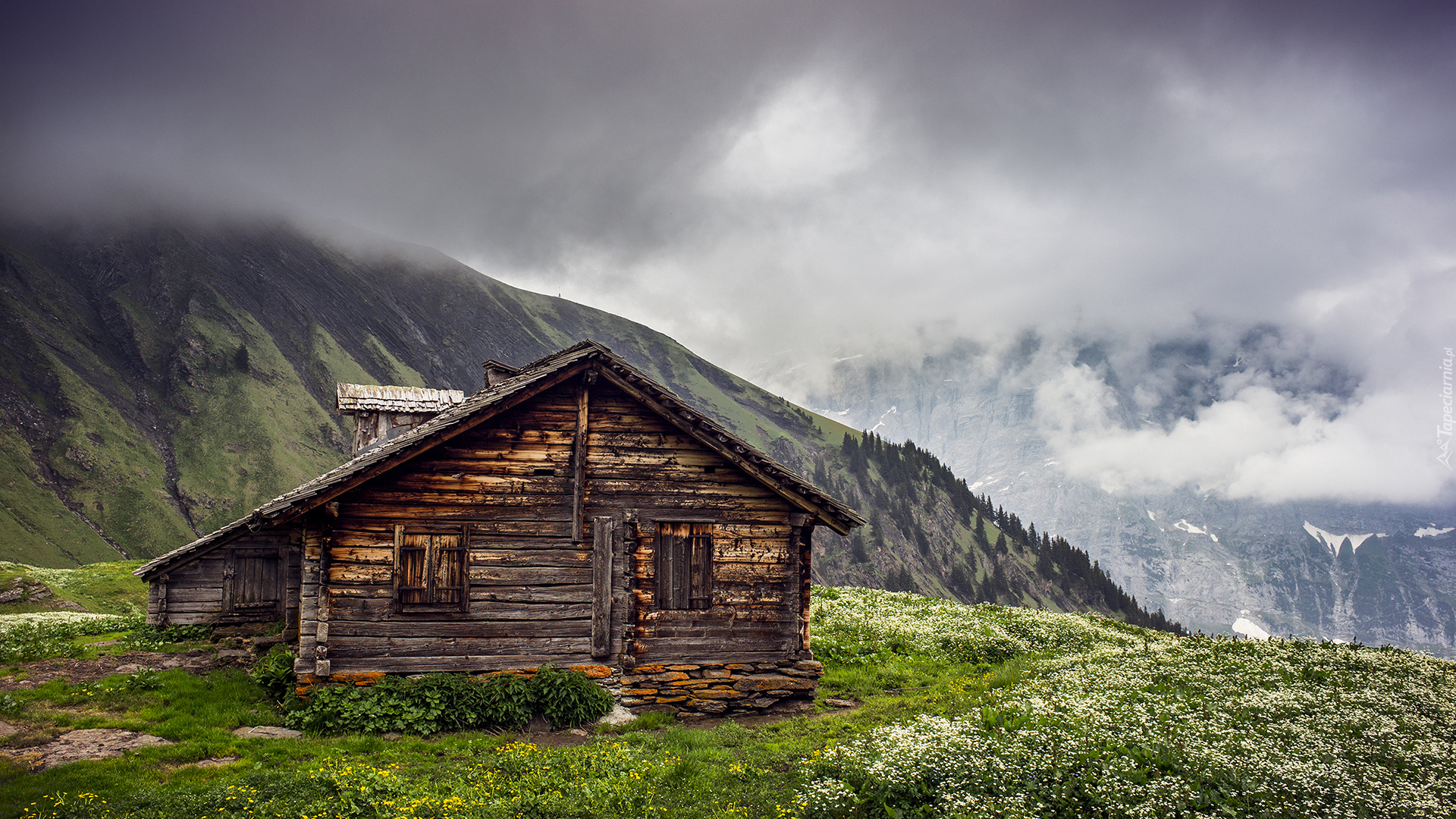 Szwajcaria, Wioska Grindelwald, Kanton Berno, Góry Alpy Berneńskie, Schronisko, Drewniany, Domek, Mgła