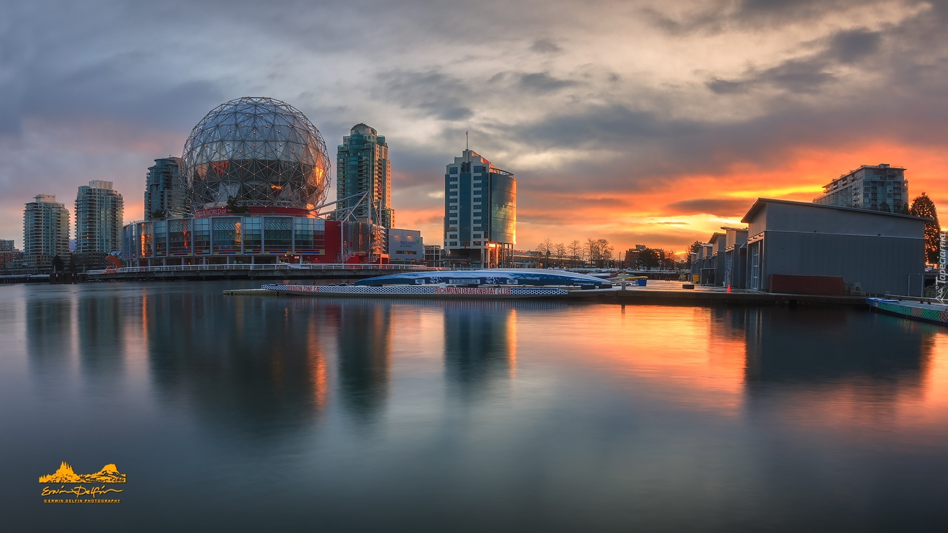 Kopuła, Muzeum Nauki, Science World at TELUS, Wieżowce, Rzeka Fraser, Vancouver, Kanada