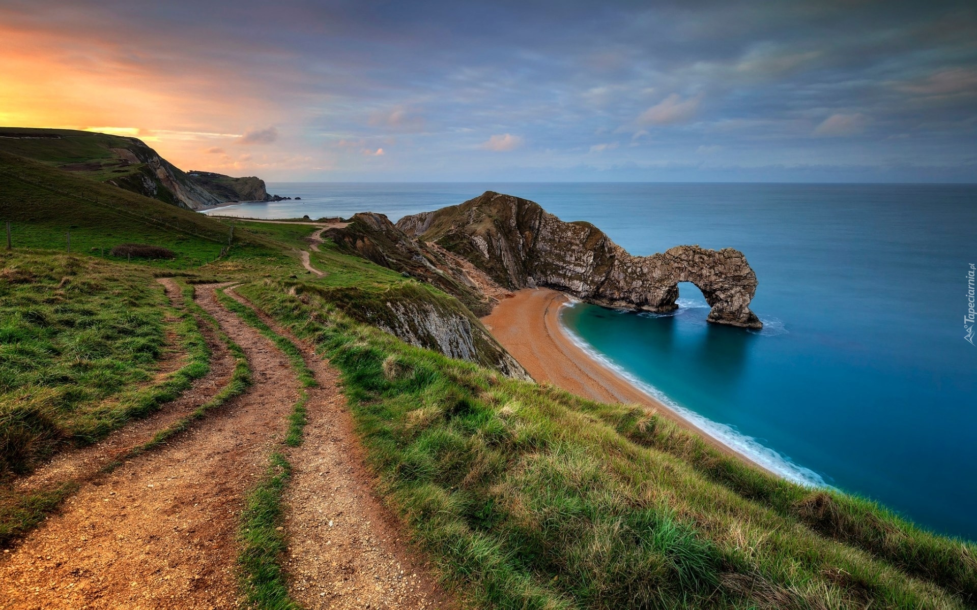 Anglia, Morze, Wybrzeże Jurajskie, Skały, Durdle Door, Droga, Zachód słońca