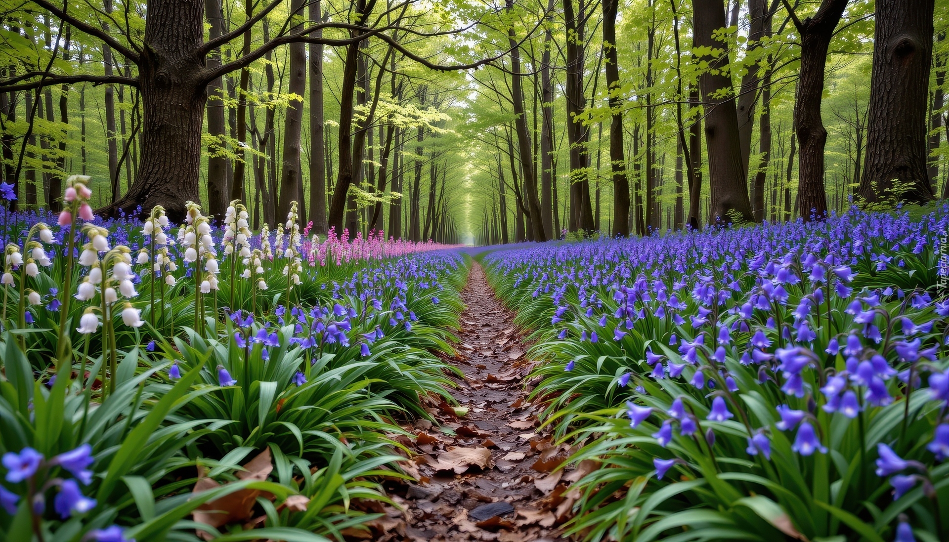 Kwiaty, Fioletowe, Białe, Różowe, Dzwonki, Ścieżka, Drzewa, Las, Wiosna