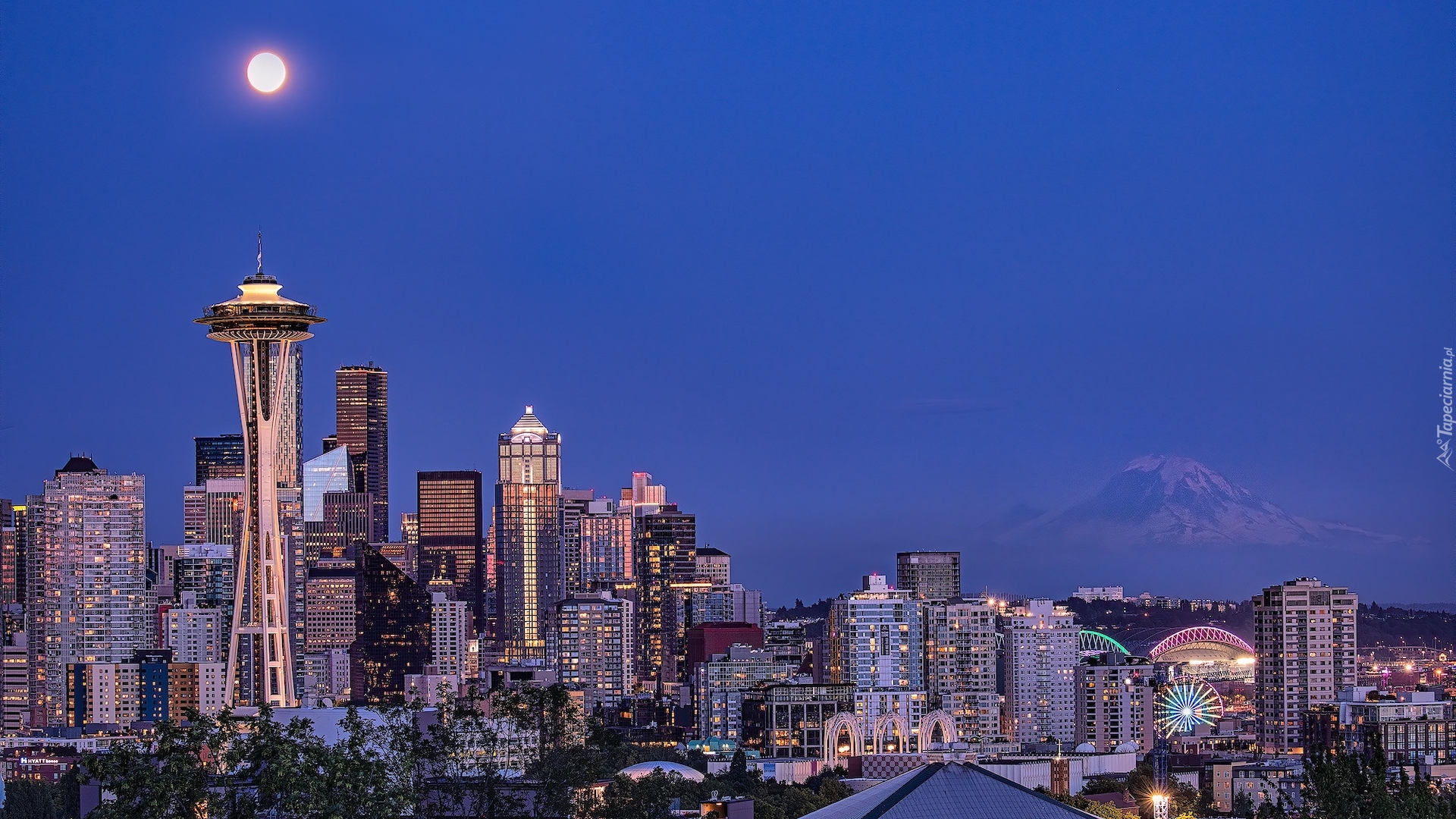 Stany Zjednoczone, Stan Waszyngton, Seattle, Wieża, Space Needle, Wieżowce, Księżyc, Pełnia