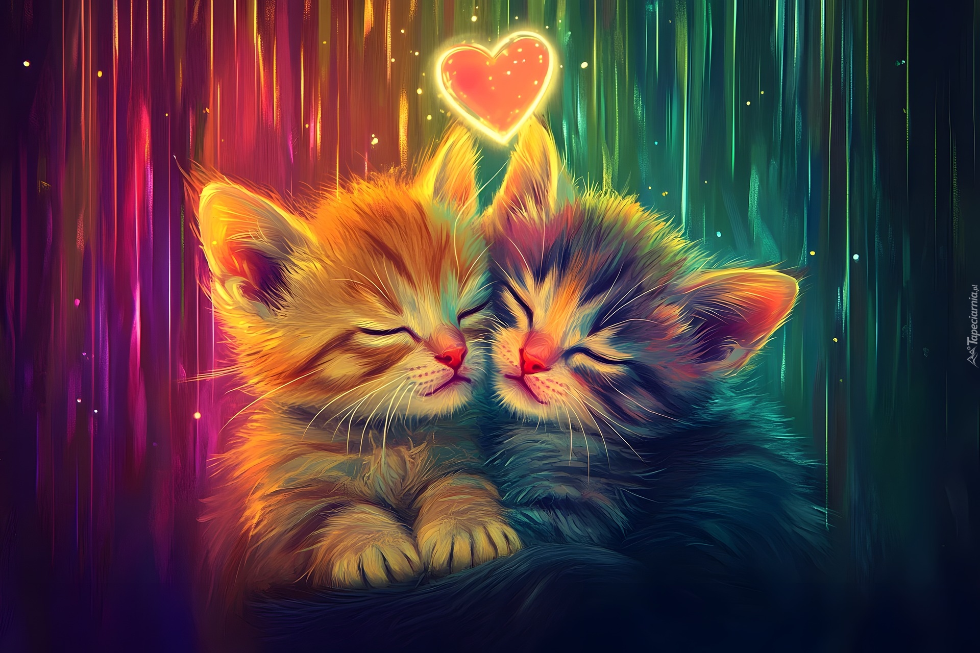 Dwa, Śpiące, Małe, Koty, Serce, Kolorowe tło