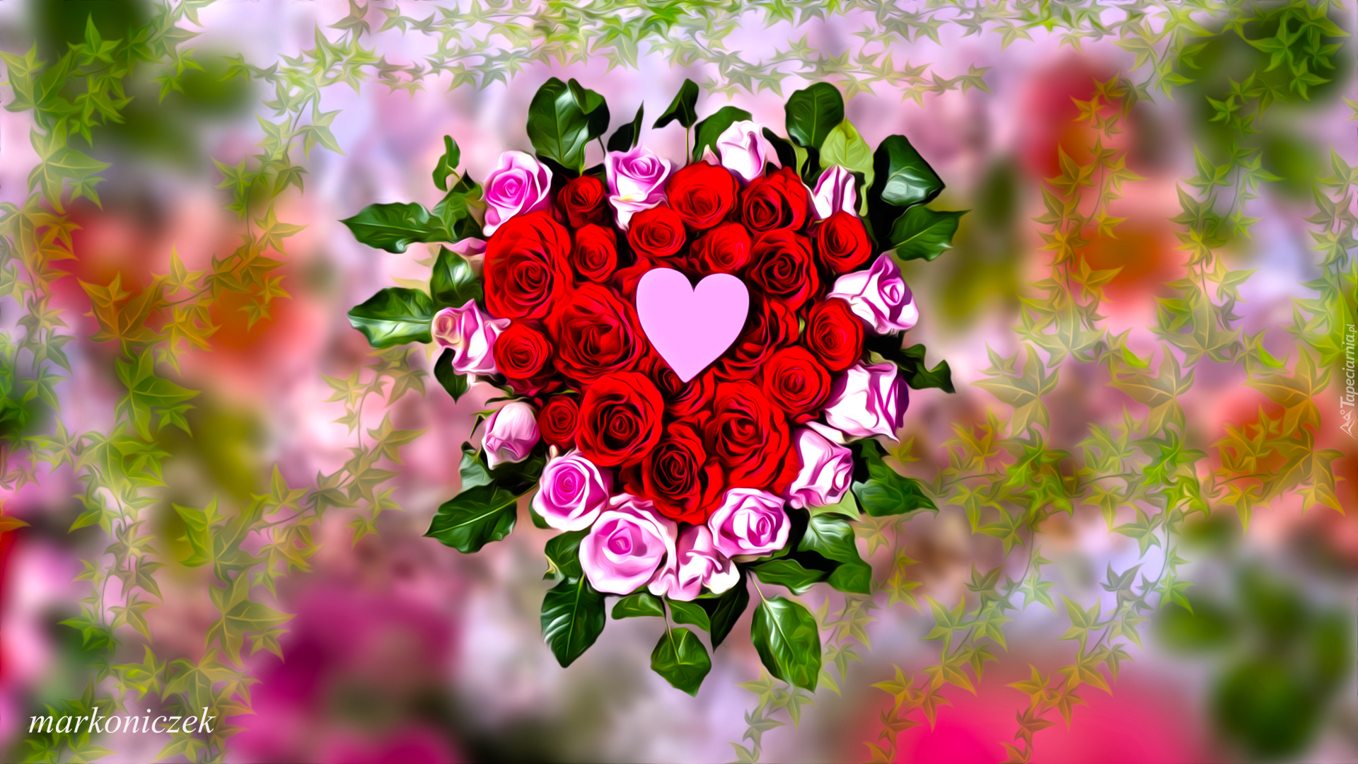 Kwiaty, Róże, Serce, Grafika
