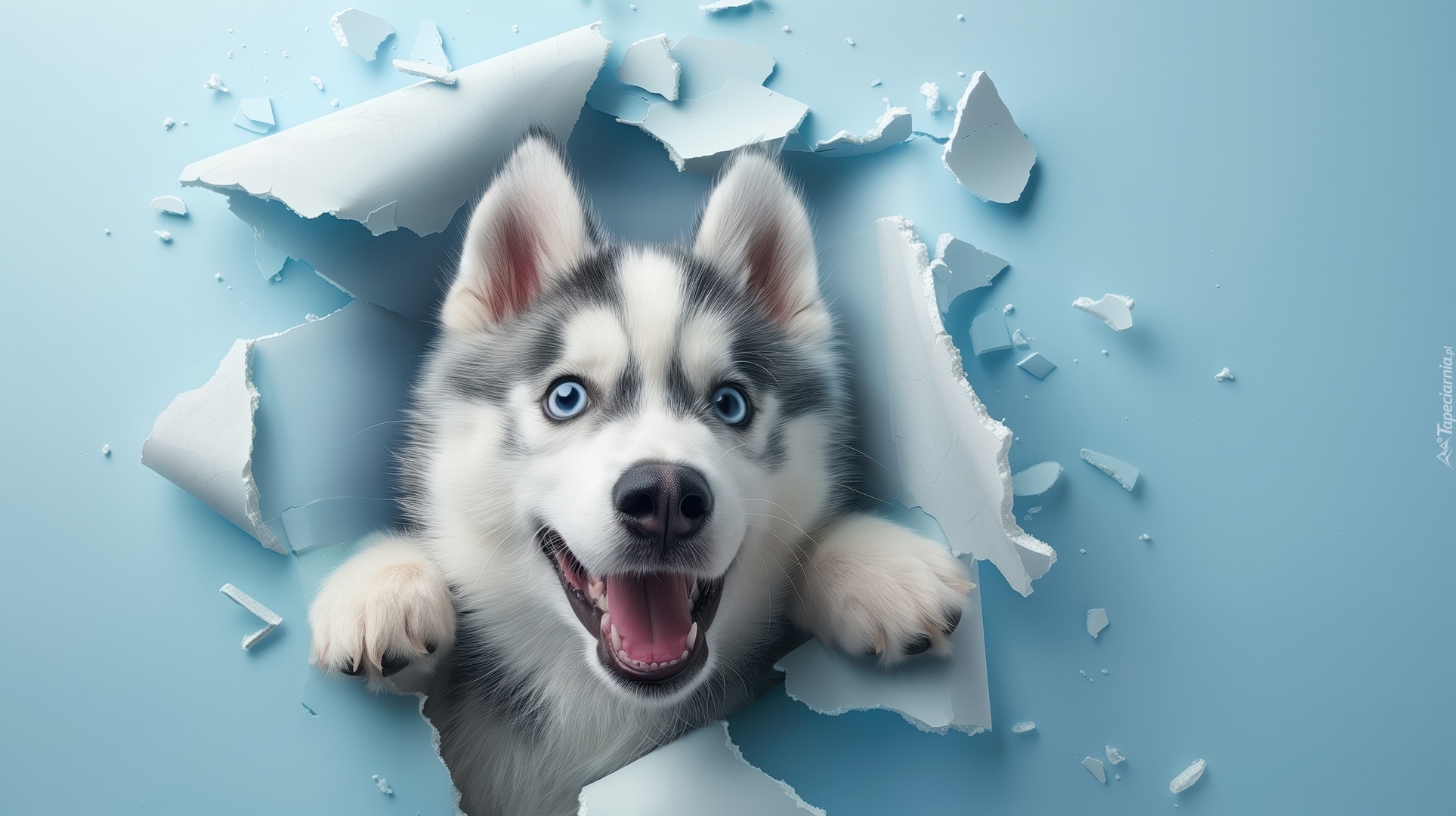 Pies, Siberian husky, Dziura, Ściana, Niebieska