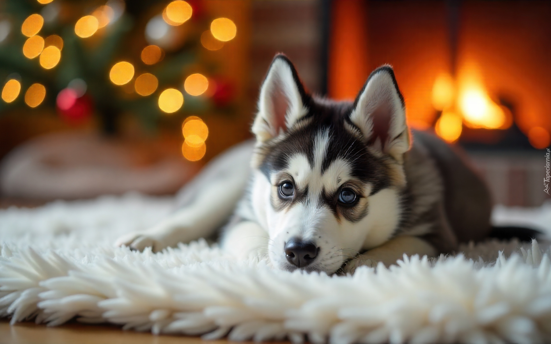 Pokój, Światła, Pies, Szczeniak, Siberian husky, Mordka, Grafika AI