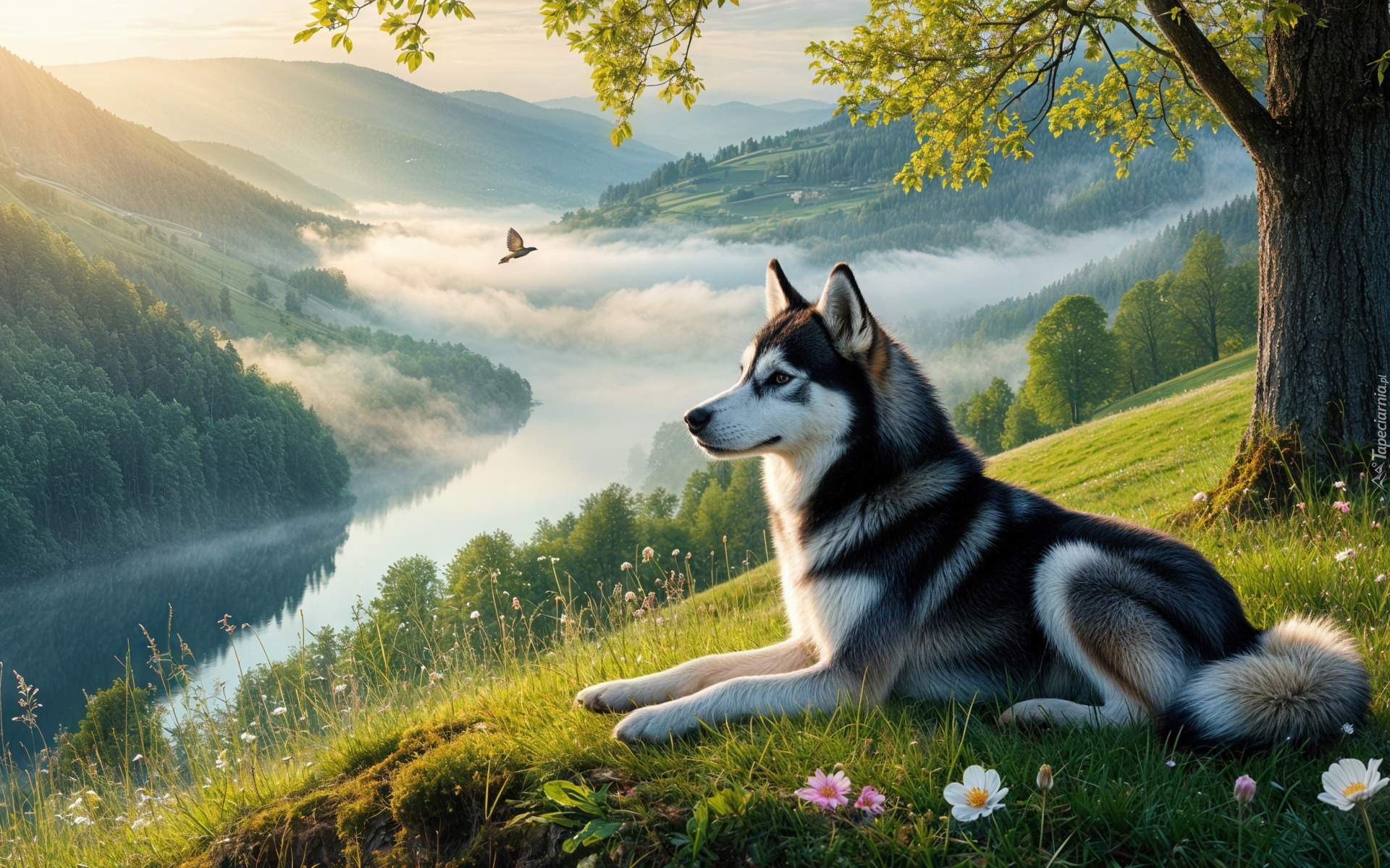 Góry, Wzgórze, Rzeka, Mgła, Drzewo, Polana, Pies, Siberian husky