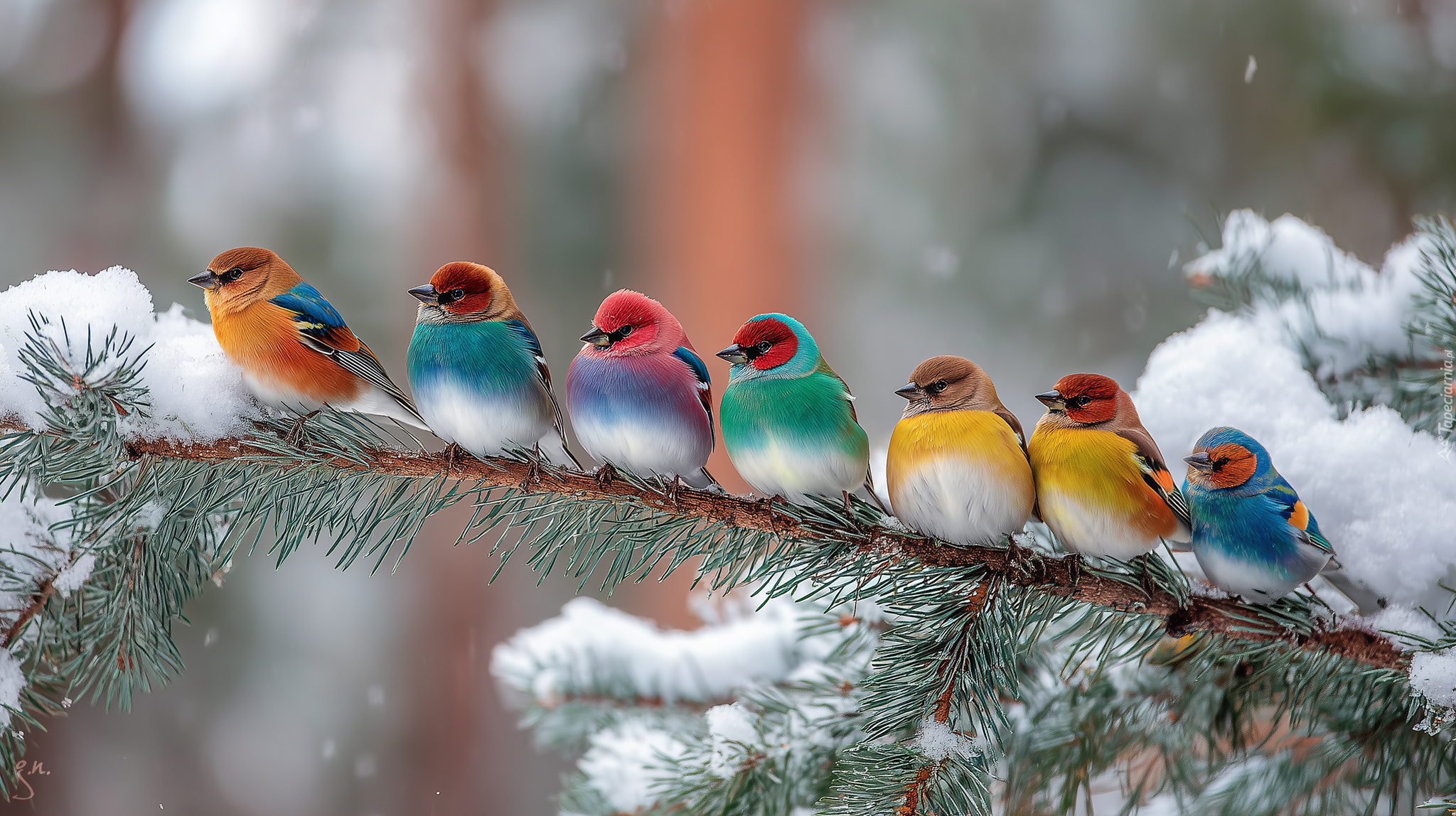 Kolorowe, Ptaki, Gałązka, Sosna, Śnieg, Grafika AI