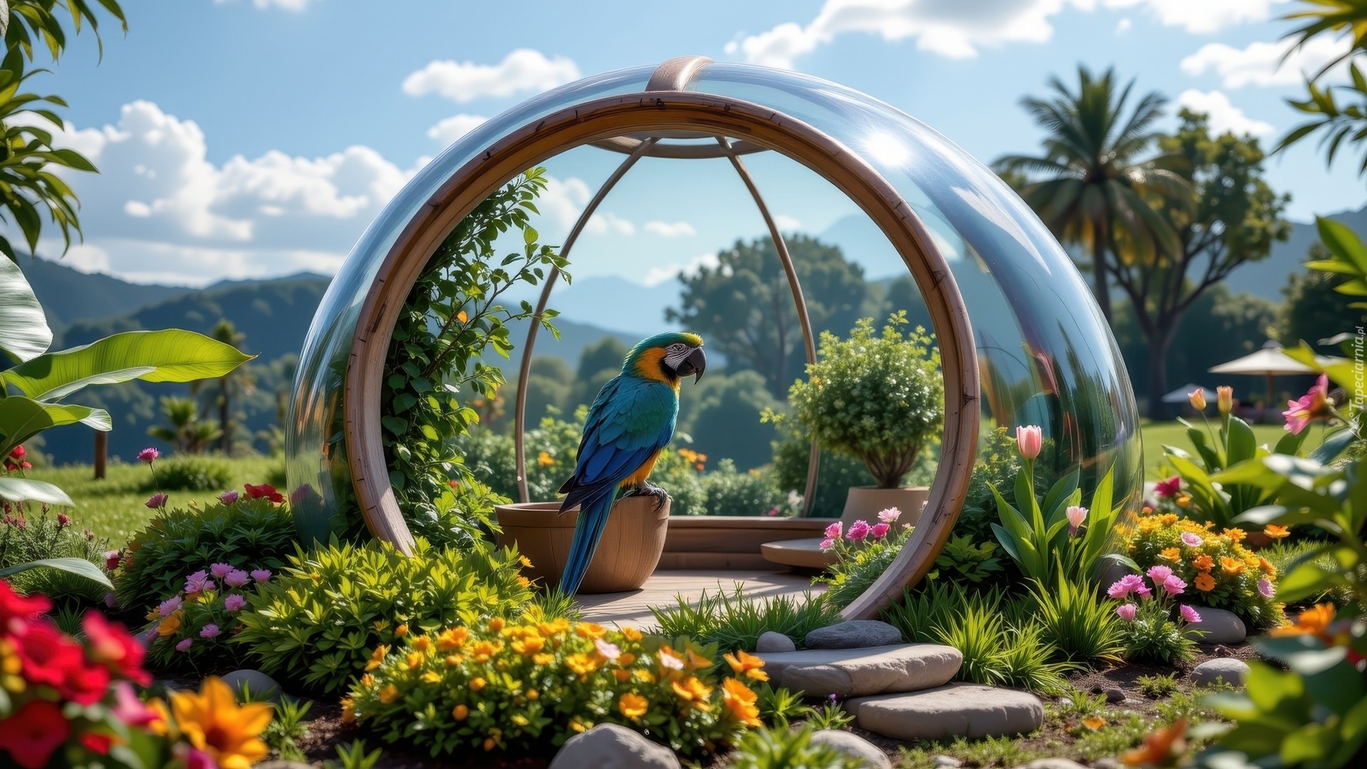 Ogród, Szklana, Kopuła, Siedząca, Papuga, Ara, Donica, Kwiaty, Kamienie