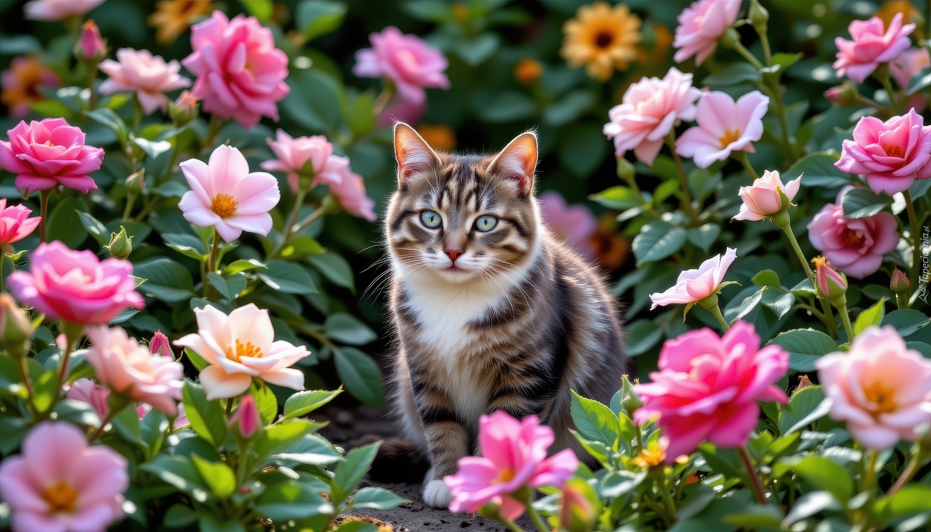 Kot, Bury, Siedzący, Kwiaty, Różowe, AI