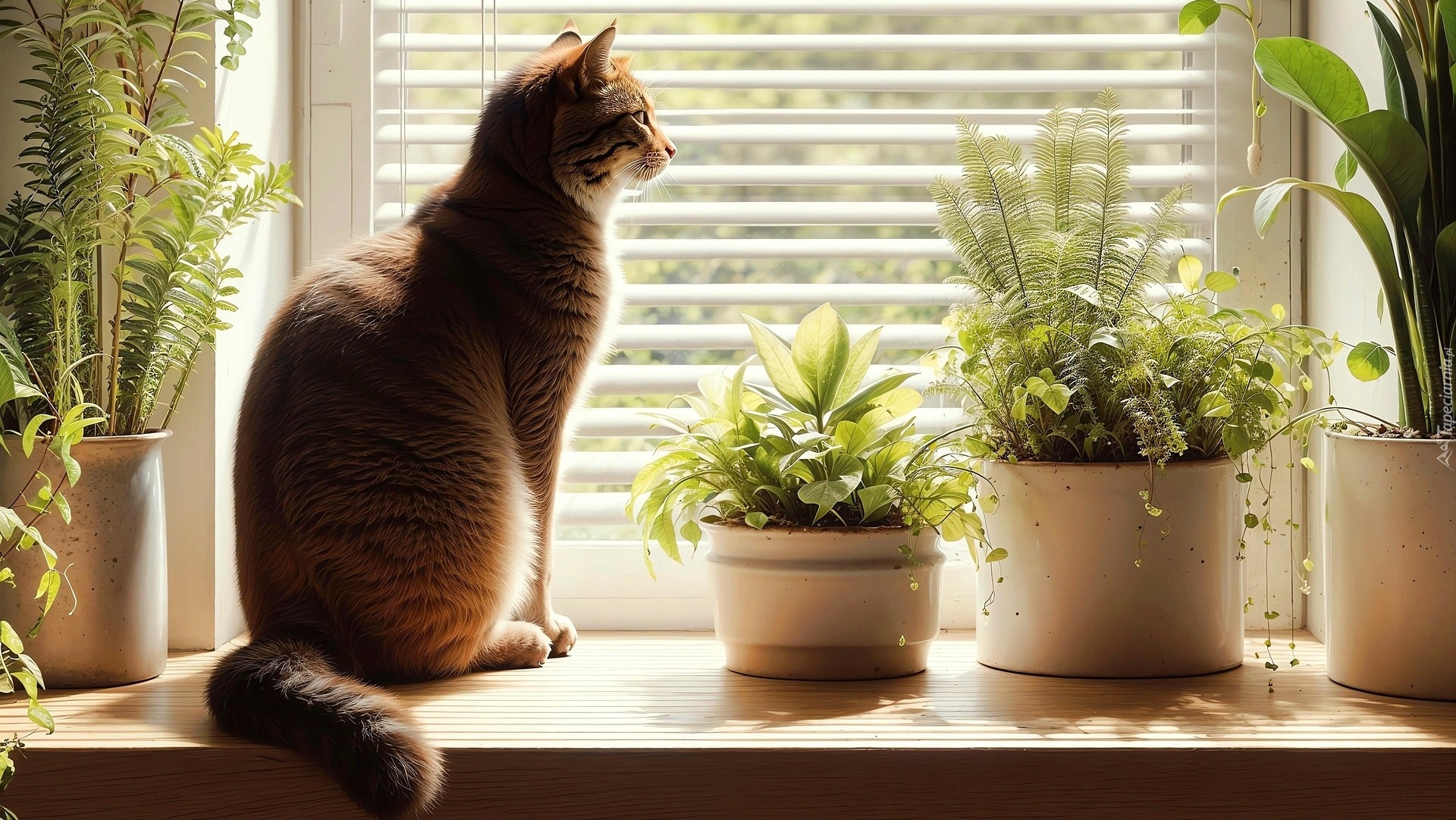 Kot, Okno, Parapet, Rośliny