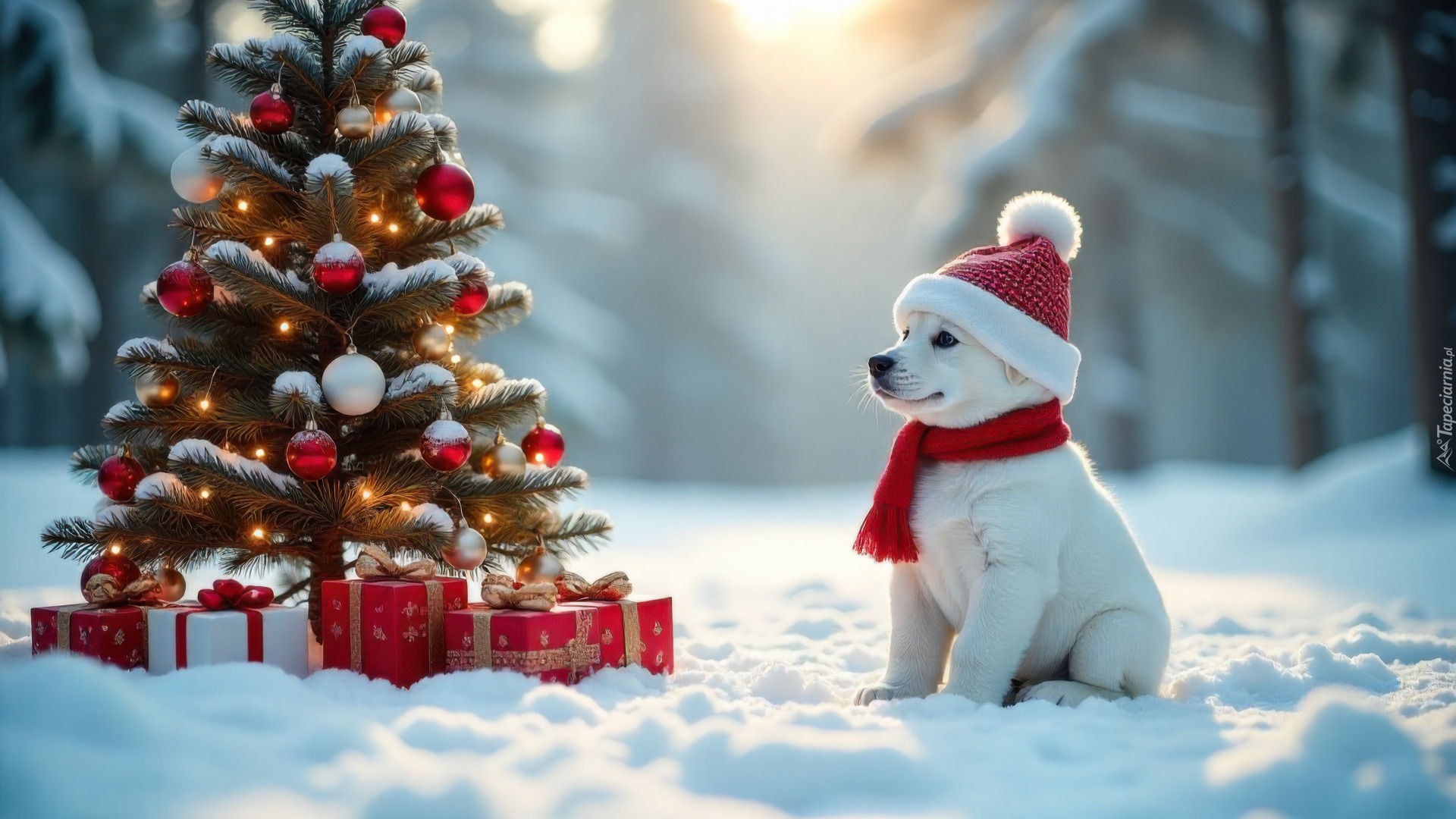 Boże Narodzenie, Zima, Pies, Biały, Szczeniak, Prezenty, Choinka