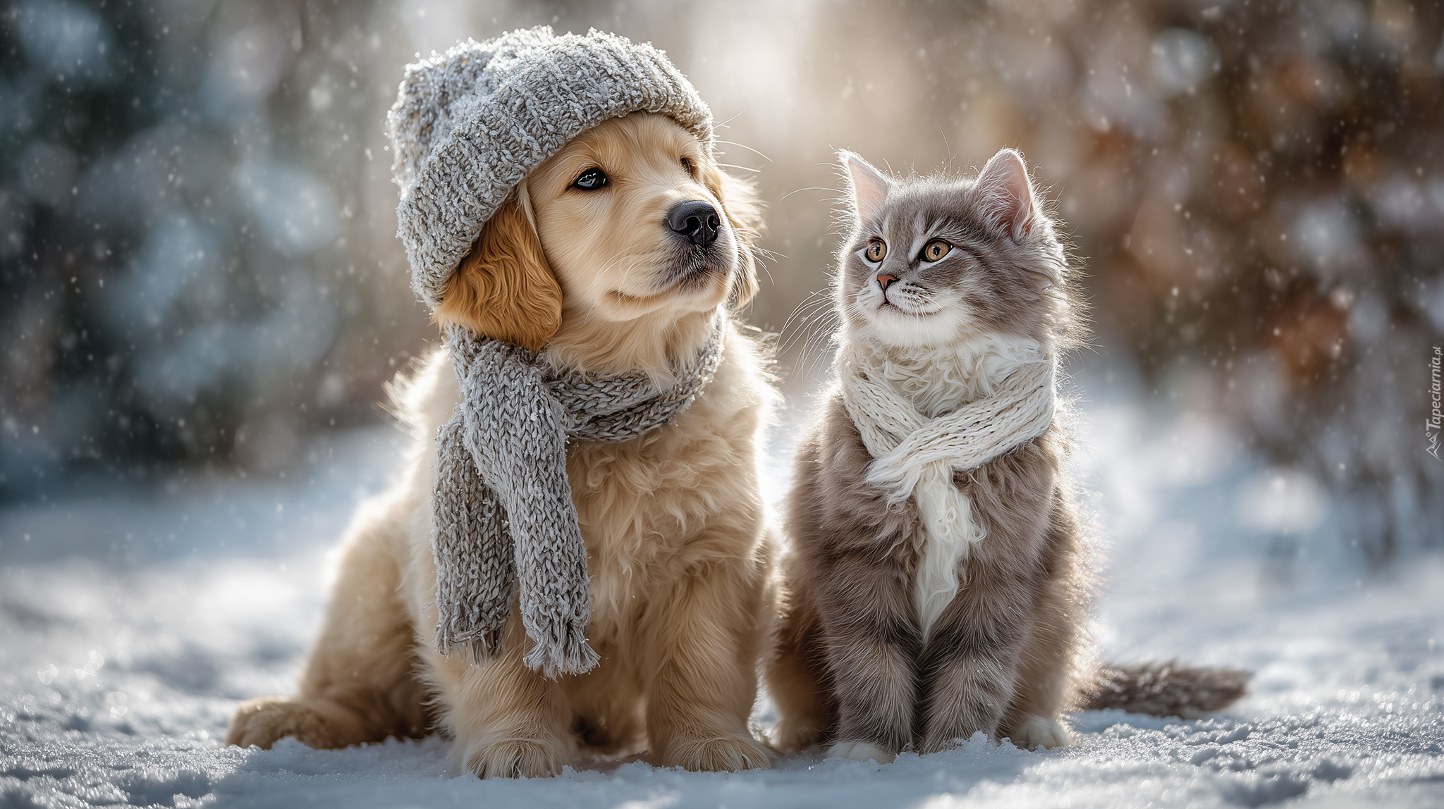 Pies, Kot, Czapka, Szalik, Zima, Grafika AI