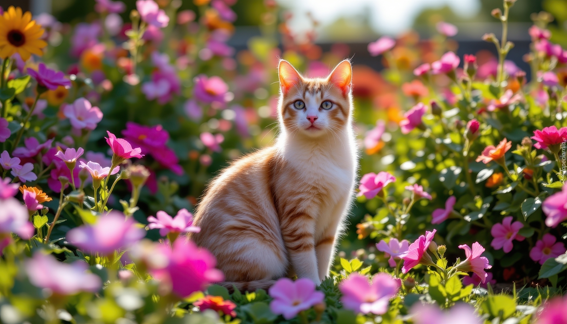 Rudo-biały, Kot, Kolorowe, Kwiaty