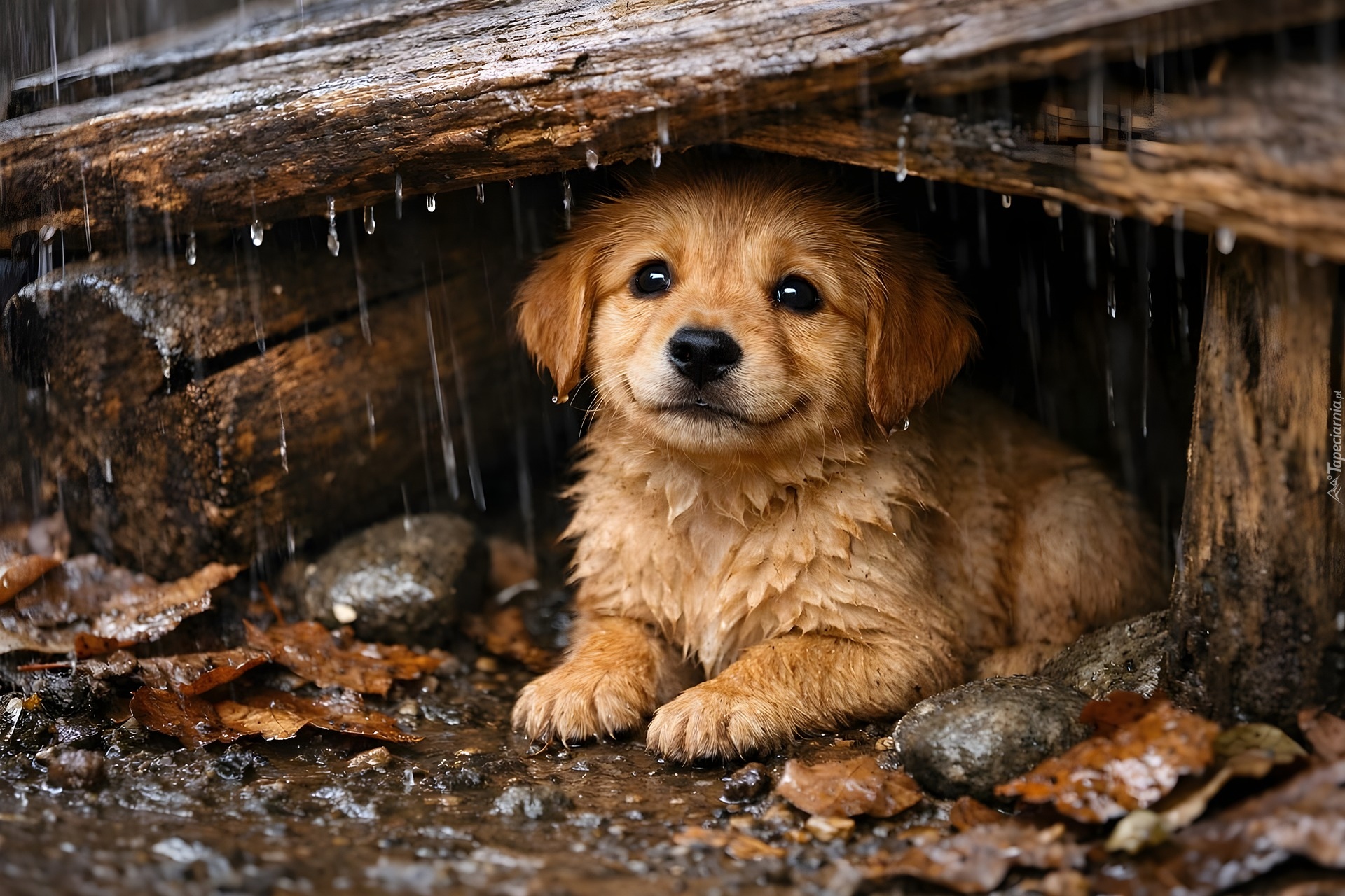 Pies, Szczeniak, Deski, Deszcz