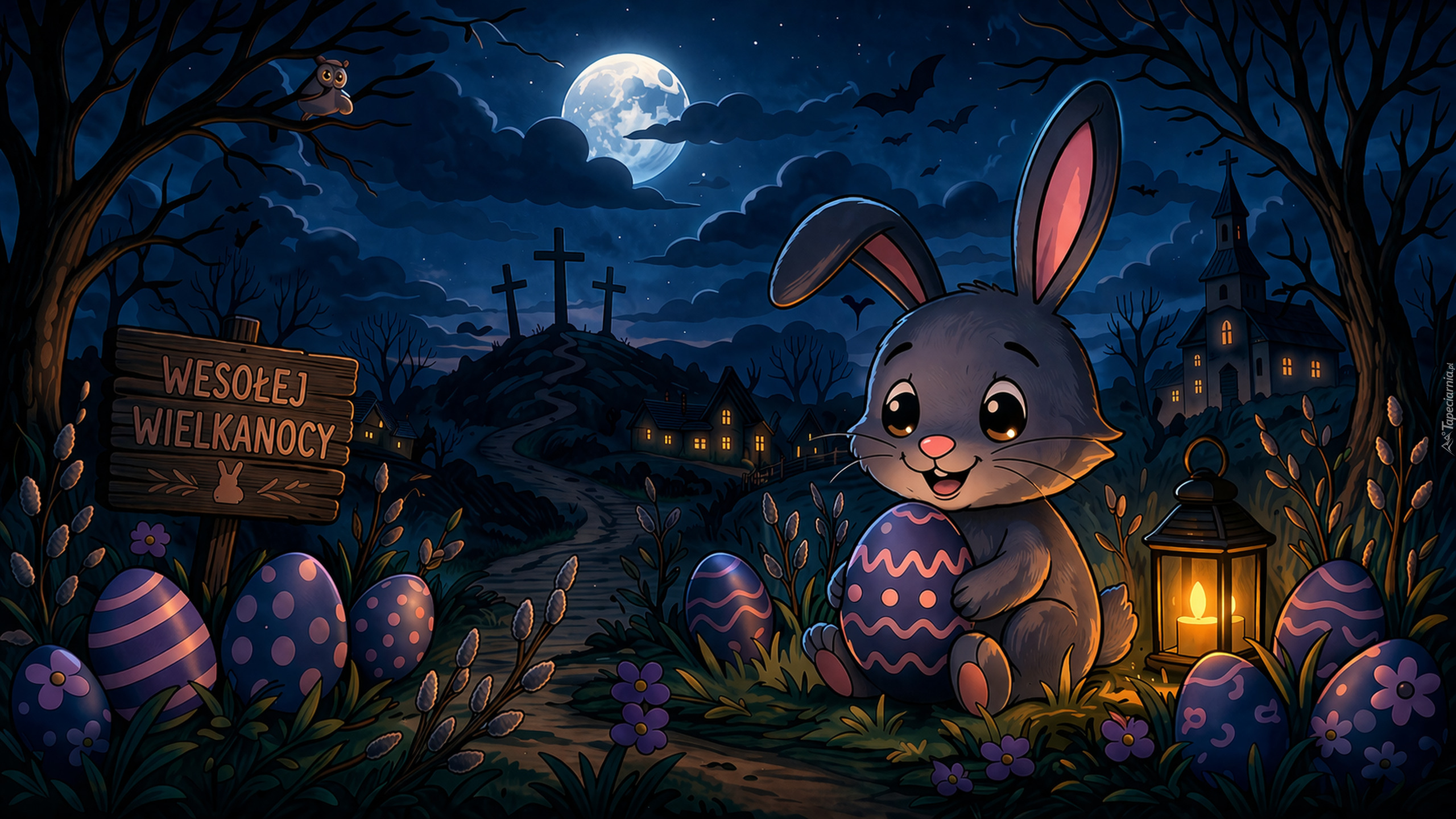 Wielkanoc, Zajączek, Jajka, Ciemna, Noc, Pisanki, Księżyc, Kościół, Krzyże, Lampion